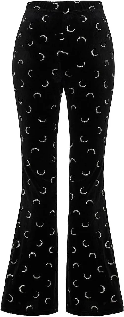 Hell Bunny Misty Moon Black Velvet Glittery Crescent Flared Pants Trousers