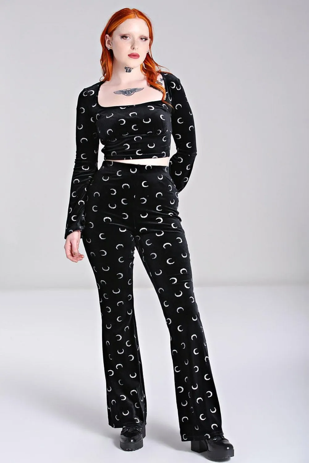 Hell Bunny Misty Moon Black Velvet Glittery Crescent Flared Pants Trousers