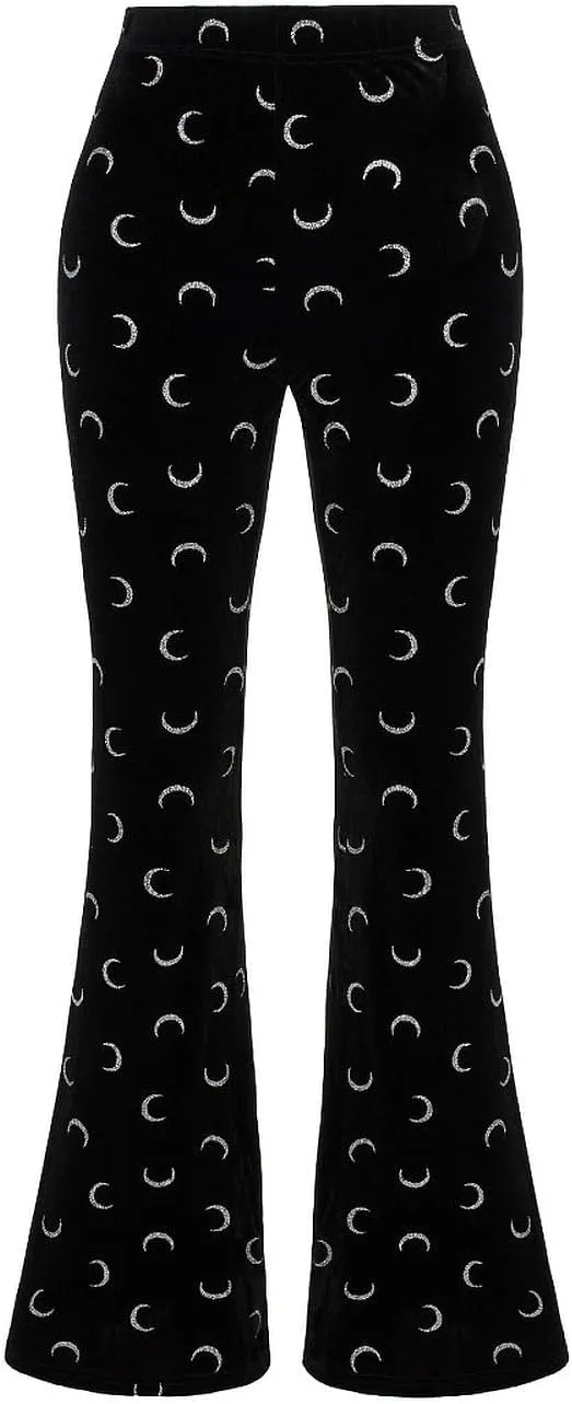 Hell Bunny Misty Moon Black Velvet Glittery Crescent Flared Pants Trousers