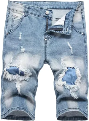 HENGAO Men's Ripped Jean Short Distressed Straight Fit Denim Shorts