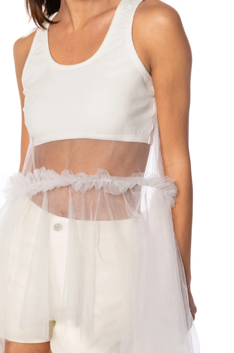 HERE FOR THE DRAMA TULLE HIGH LOW TANK TOP