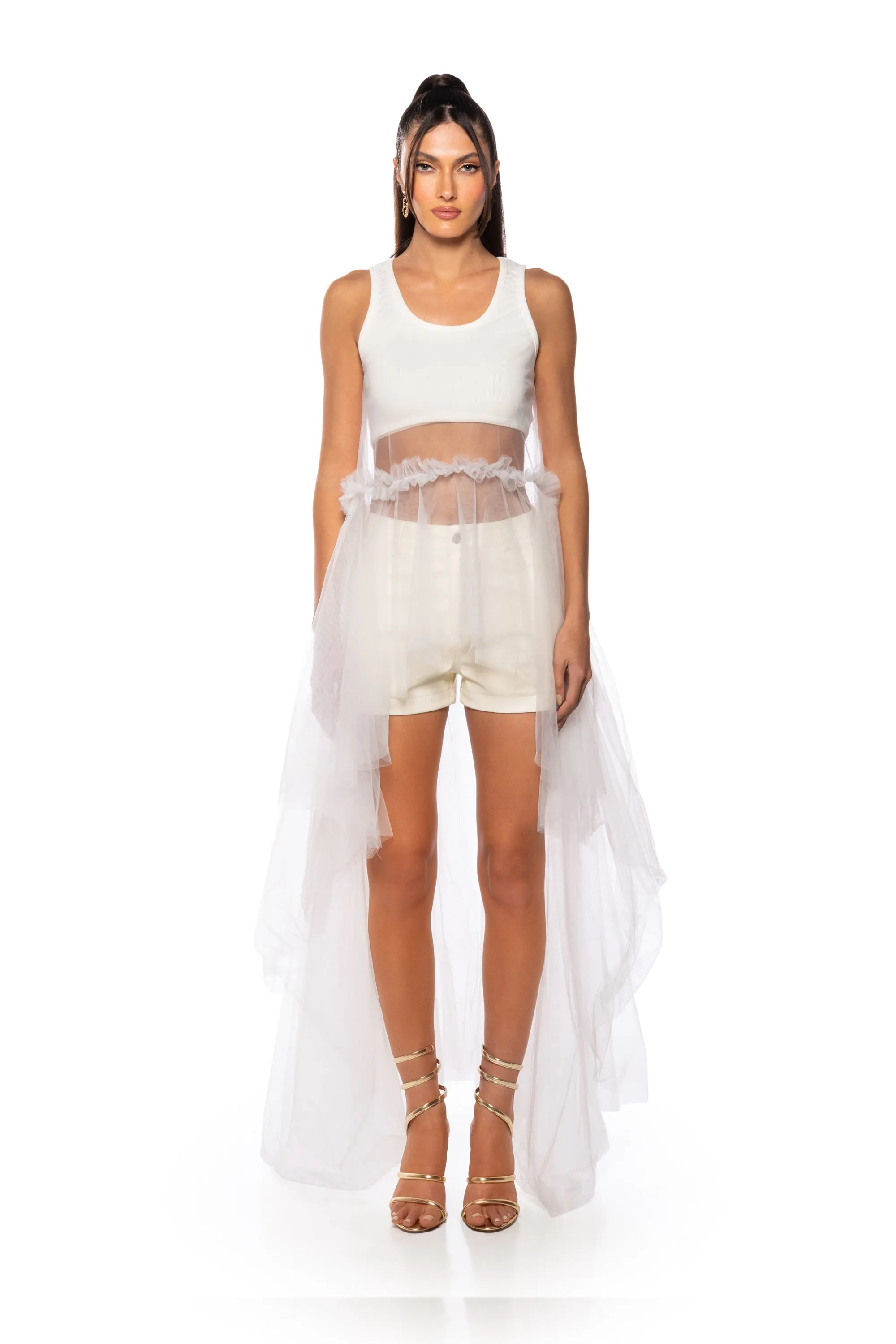 HERE FOR THE DRAMA TULLE HIGH LOW TANK TOP