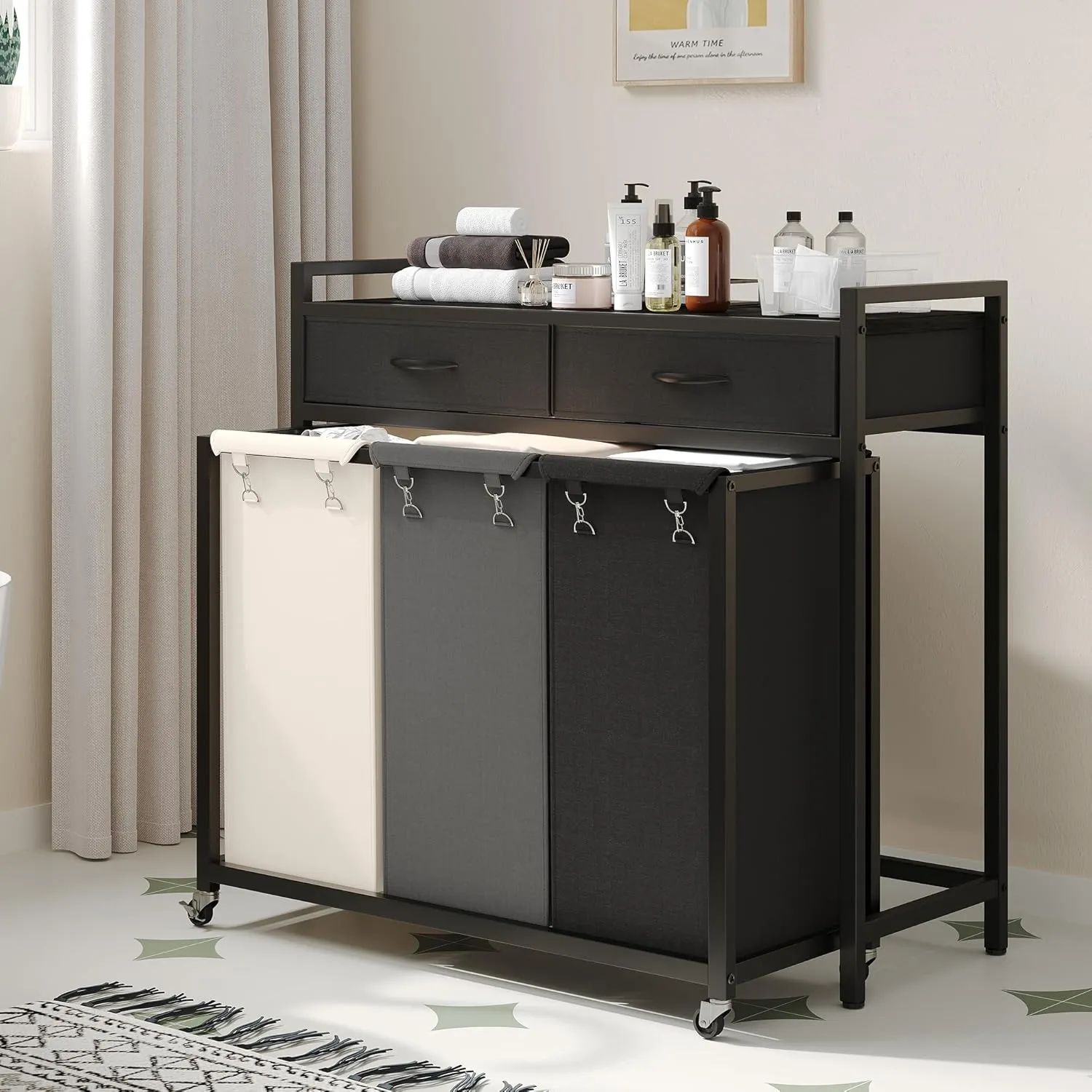 Heybly Laundry Hampers, 126L Laundry Basket with 3 Section Pull-Out Rolling Bags,Laundry Sorter with 2 Pull-Out Storage Drawers for Laundry Room organization and Bathroom HLH005SB