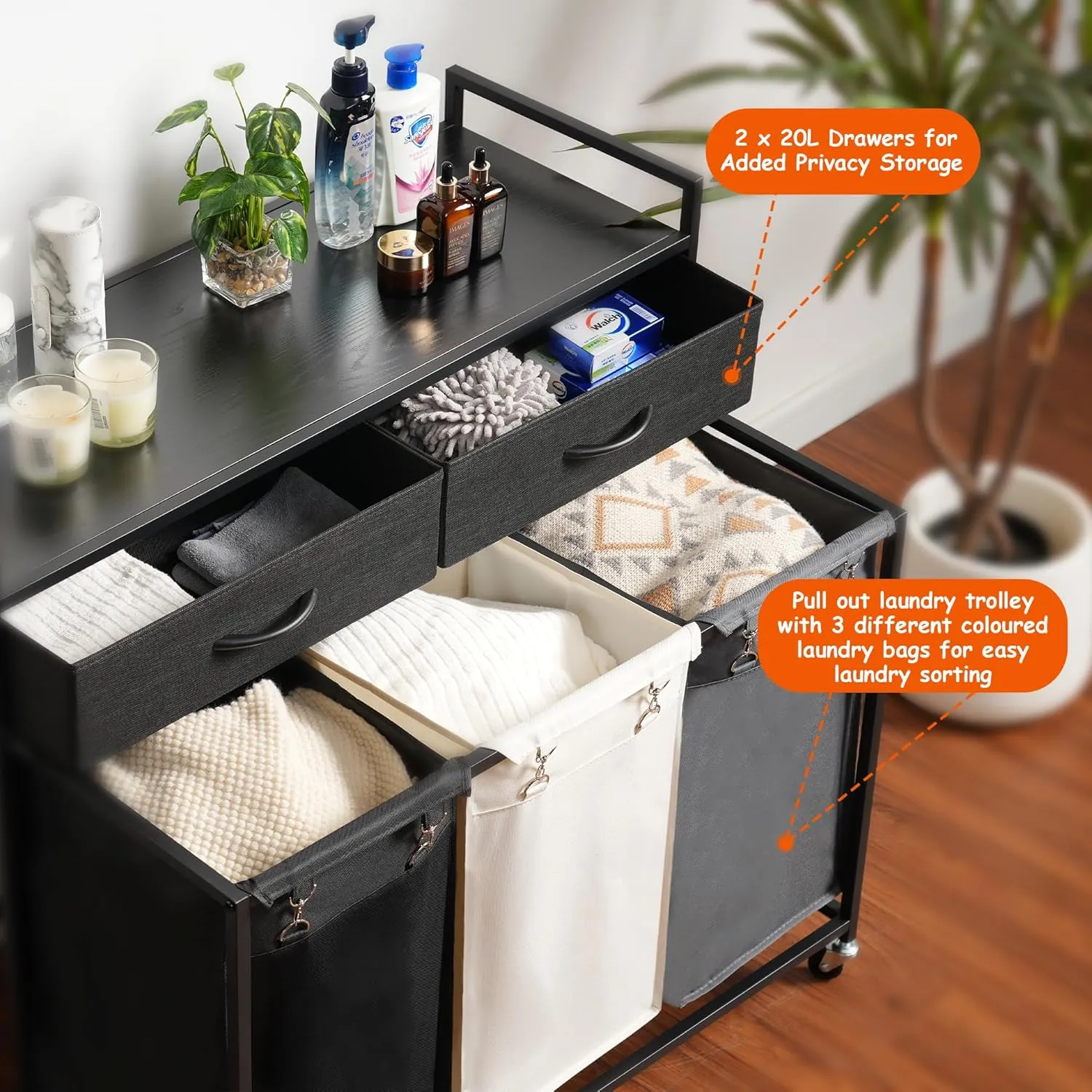 Heybly Laundry Hampers, 126L Laundry Basket with 3 Section Pull-Out Rolling Bags,Laundry Sorter with 2 Pull-Out Storage Drawers for Laundry Room organization and Bathroom HLH005SB