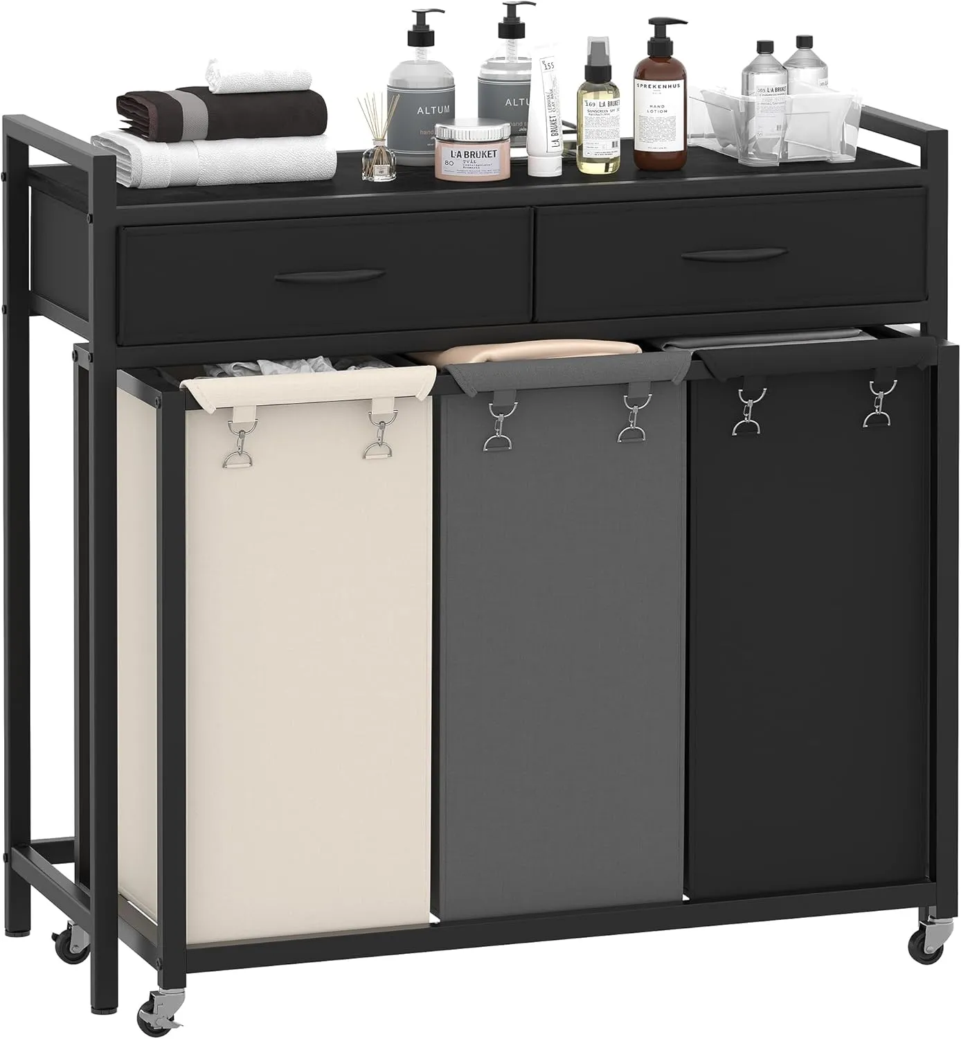 Heybly Laundry Hampers, 126L Laundry Basket with 3 Section Pull-Out Rolling Bags,Laundry Sorter with 2 Pull-Out Storage Drawers for Laundry Room organization and Bathroom HLH005SB