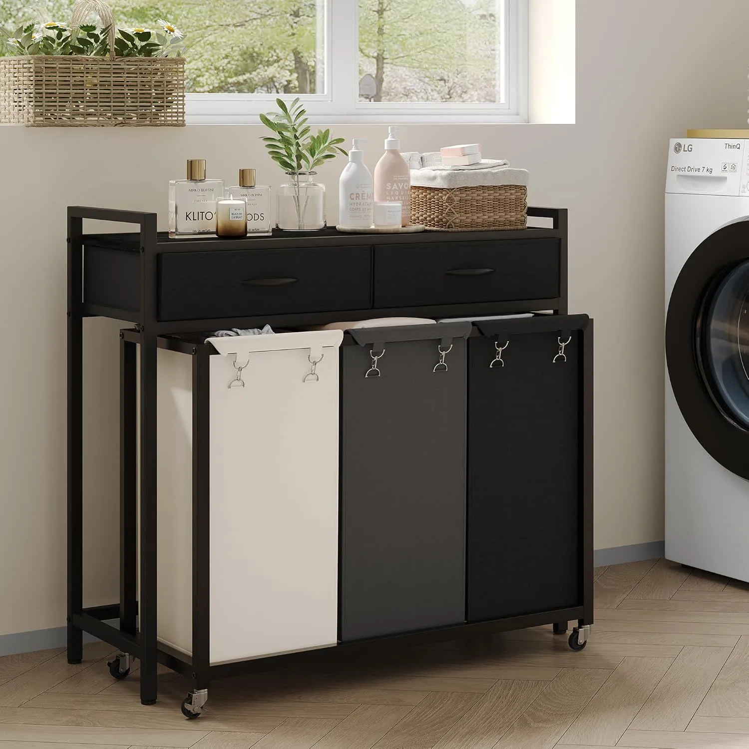 Heybly Laundry Hampers, 126L Laundry Basket with 3 Section Pull-Out Rolling Bags,Laundry Sorter with 2 Pull-Out Storage Drawers for Laundry Room organization and Bathroom HLH005SB