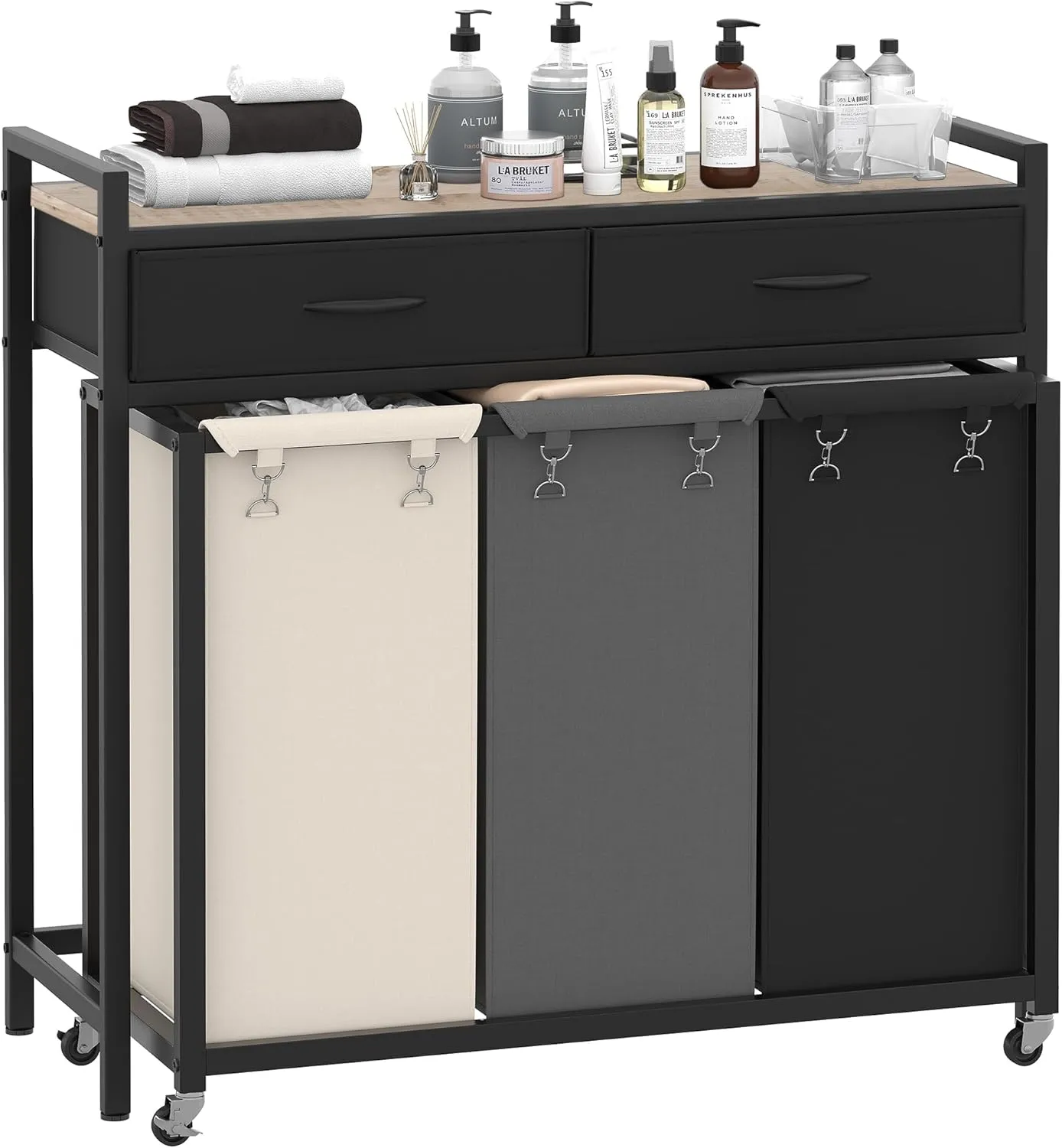 Heybly Laundry Hampers, 126L Laundry Basket with 3 Section Pull-Out Rolling Bags,Laundry Sorter with 2 Pull-Out Storage Drawers for Laundry Room organization and Bathroom HLH005SG
