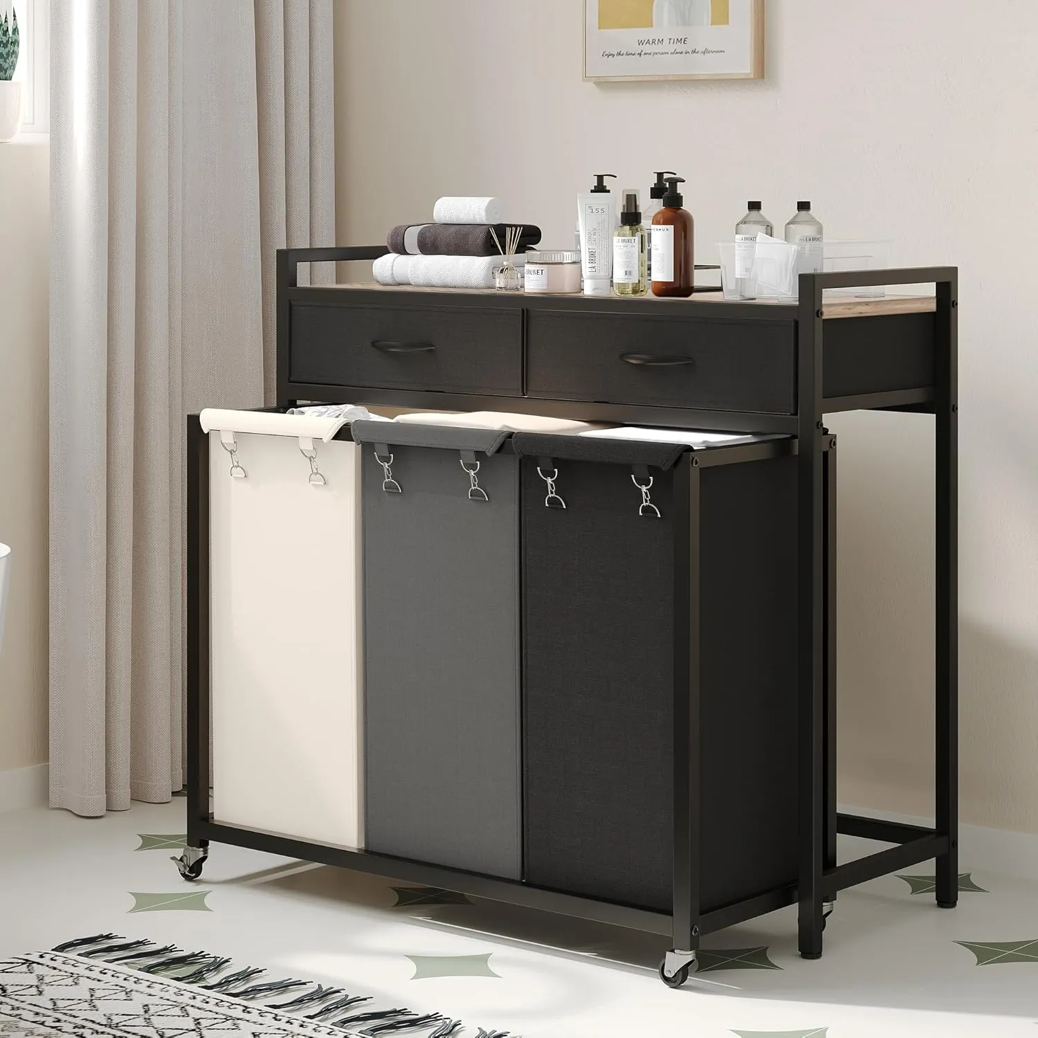 Heybly Laundry Hampers, 126L Laundry Basket with 3 Section Pull-Out Rolling Bags,Laundry Sorter with 2 Pull-Out Storage Drawers for Laundry Room organization and Bathroom HLH005SG