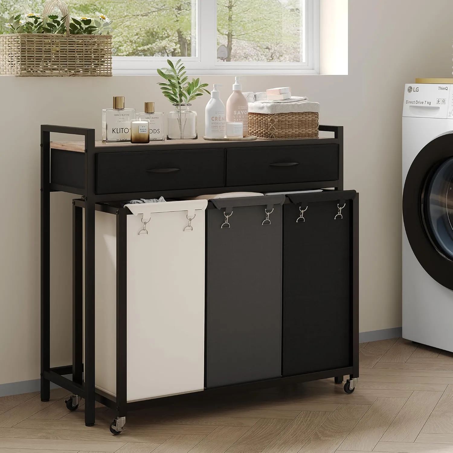 Heybly Laundry Hampers, 126L Laundry Basket with 3 Section Pull-Out Rolling Bags,Laundry Sorter with 2 Pull-Out Storage Drawers for Laundry Room organization and Bathroom HLH005SG