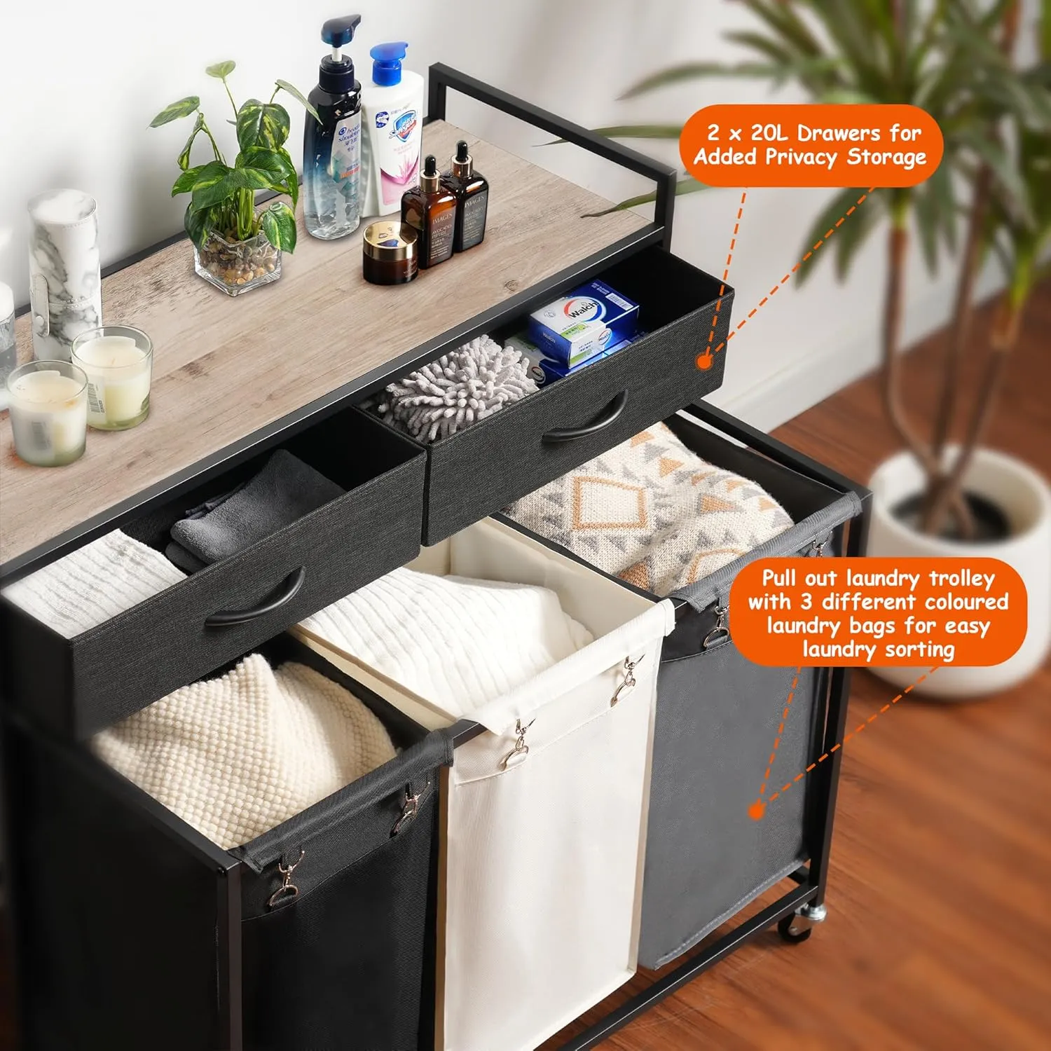 Heybly Laundry Hampers, 126L Laundry Basket with 3 Section Pull-Out Rolling Bags,Laundry Sorter with 2 Pull-Out Storage Drawers for Laundry Room organization and Bathroom HLH005SG