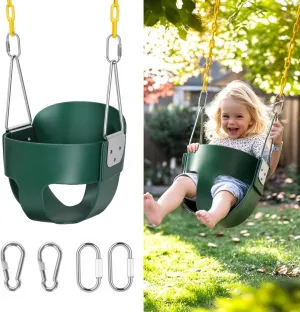 High Back Full Bucket, Toddler Swing with Coated Chains & Triangle Dip Pinch Protection for Safety, Baby Swing Outdoor with Locking Buckles, Toddler Bucket Swing for Backyard, Playground, Green