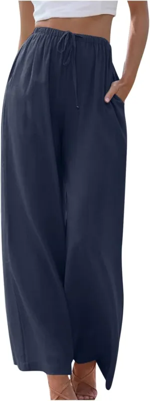 High Waisted Linen Pants for Women Dressy Casual 2025 Drawstring Wide Leg Flowy Pant Summer Beach Trousers