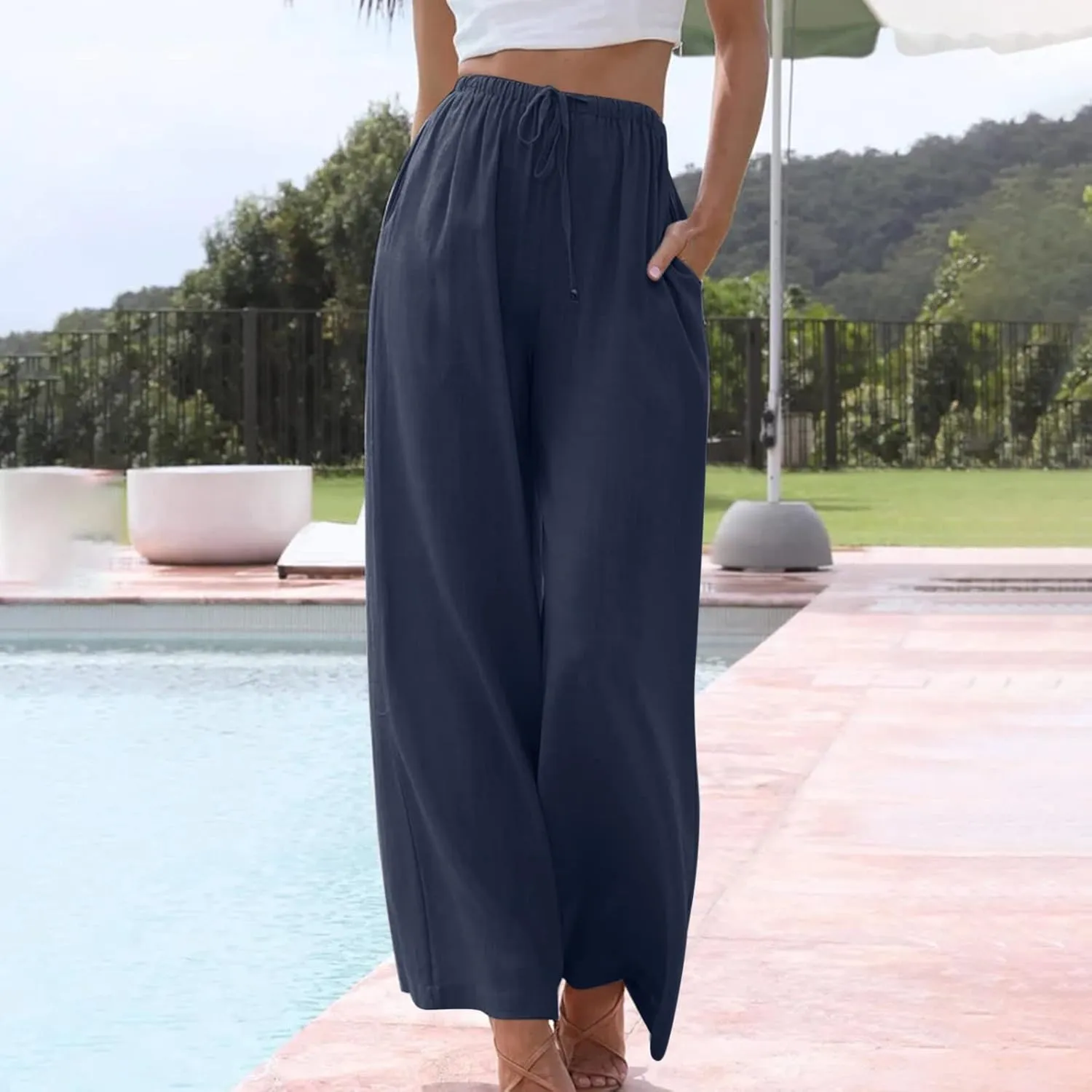 High Waisted Linen Pants for Women Dressy Casual 2025 Drawstring Wide Leg Flowy Pant Summer Beach Trousers