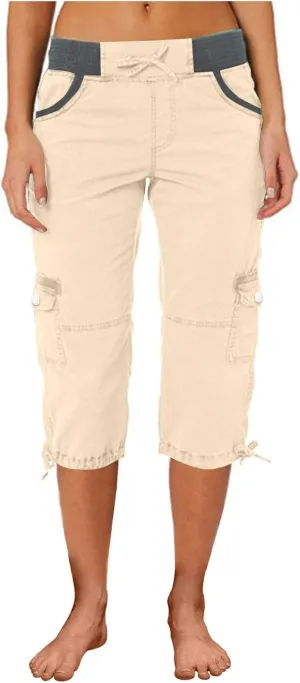 Hiking Cargo Capri for Womens Linen Drawstring Waist Capris Pants Summer Athletic Shorts Trousers with Pocket