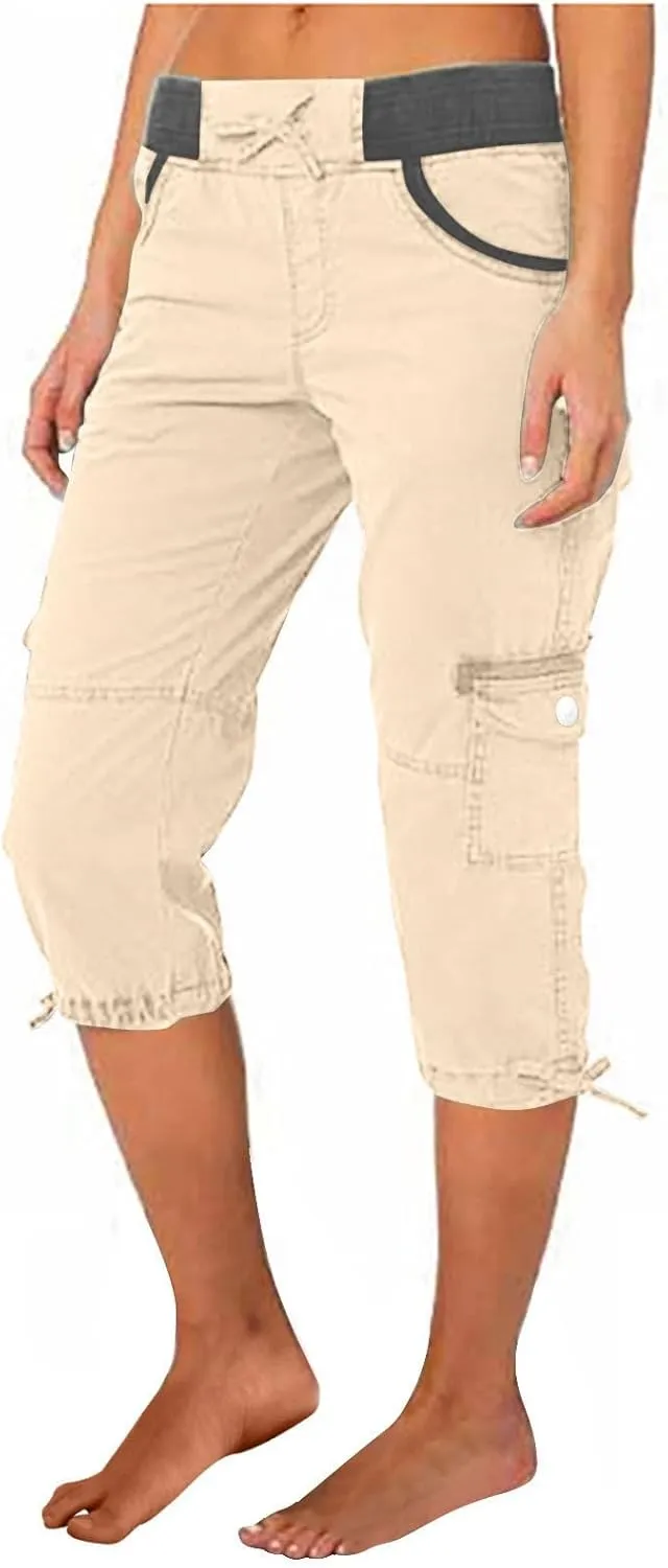 Hiking Cargo Capri for Womens Linen Drawstring Waist Capris Pants Summer Athletic Shorts Trousers with Pocket