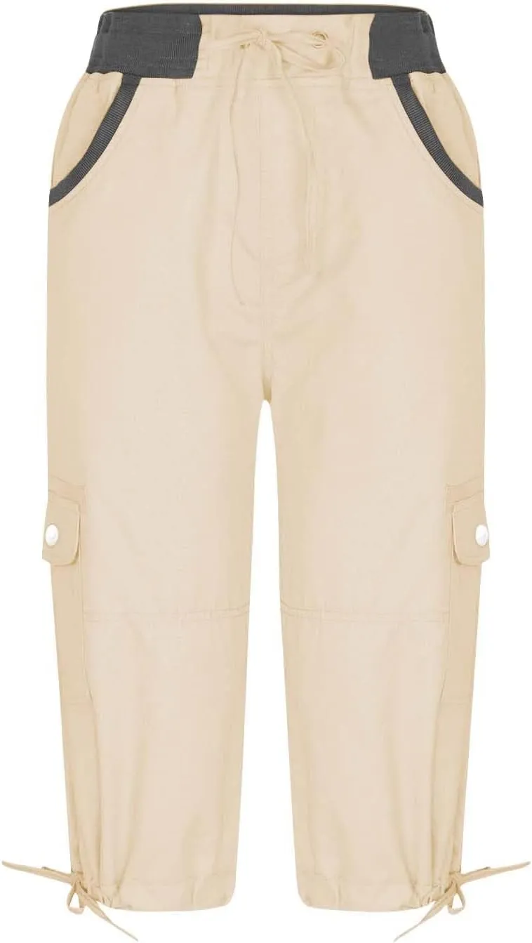 Hiking Cargo Capri for Womens Linen Drawstring Waist Capris Pants Summer Athletic Shorts Trousers with Pocket
