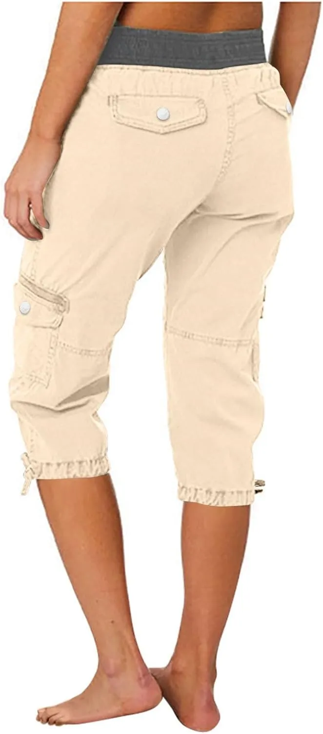 Hiking Cargo Capri for Womens Linen Drawstring Waist Capris Pants Summer Athletic Shorts Trousers with Pocket