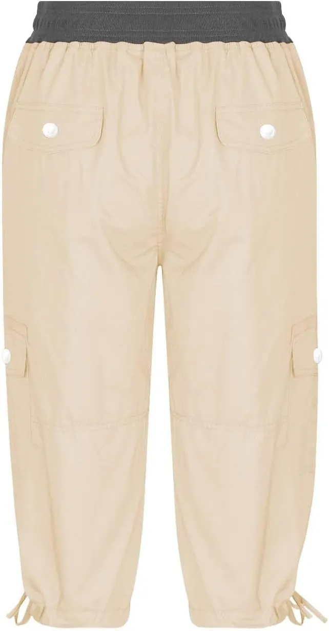 Hiking Cargo Capri for Womens Linen Drawstring Waist Capris Pants Summer Athletic Shorts Trousers with Pocket
