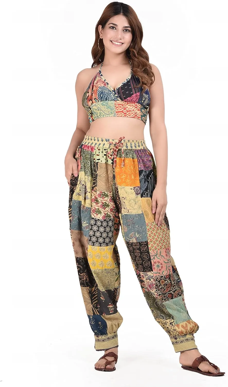 Hippie Forever Patchwork Stylish Boho Yoga Pant and Top Set - Comfortable and Stylish Outfit for Women and Girls(Waist 30-34inches)