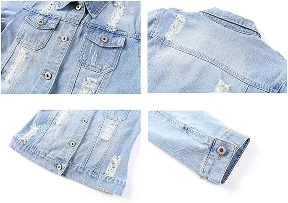 Hixiaohe Women Autumn 3/4 Sleeve Retro Short Denim Jackets Light Blue Jean Coats