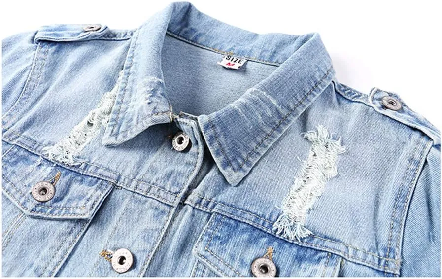 Hixiaohe Women Autumn 3/4 Sleeve Retro Short Denim Jackets Light Blue Jean Coats