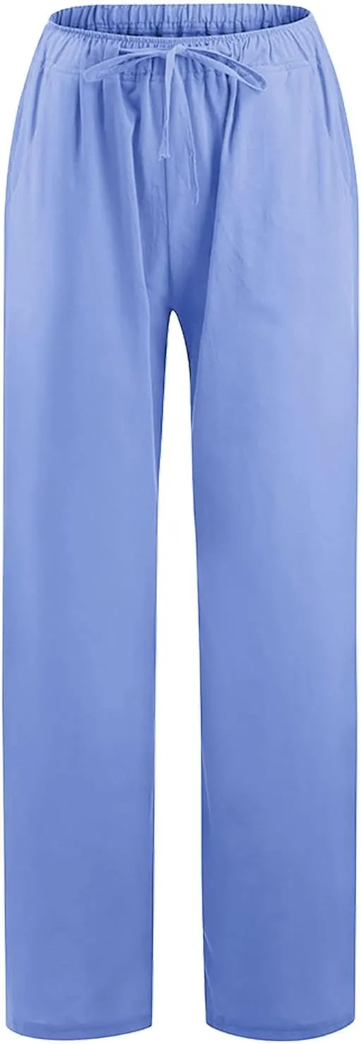 hlysgo Cotton Linen Pants Women High Waist Drawstring Wide Leg Casual Pants 2025 Summer Loose Comfy Beach Pants with Pockets