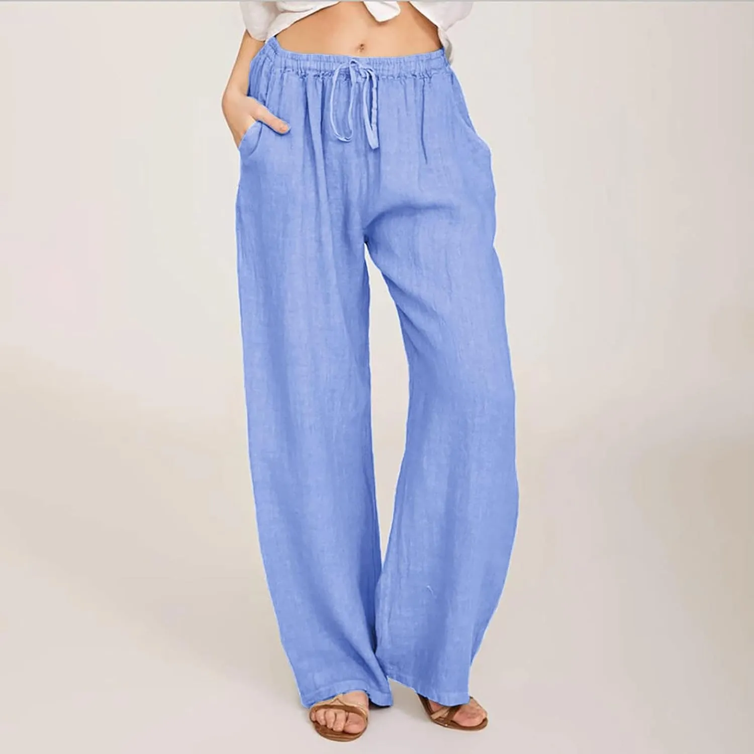 hlysgo Cotton Linen Pants Women High Waist Drawstring Wide Leg Casual Pants 2025 Summer Loose Comfy Beach Pants with Pockets