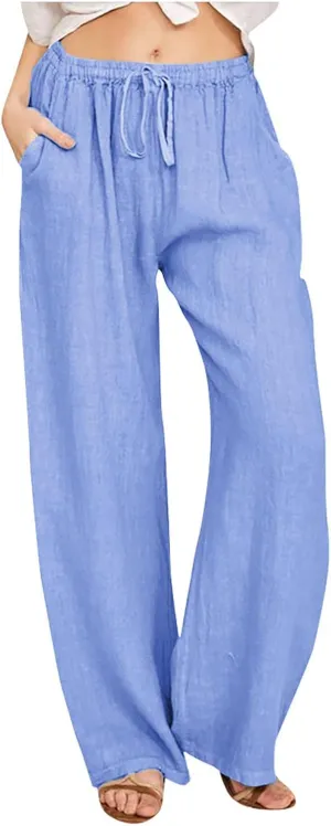 hlysgo Cotton Linen Pants Women High Waist Drawstring Wide Leg Casual Pants 2025 Summer Loose Comfy Beach Pants with Pockets