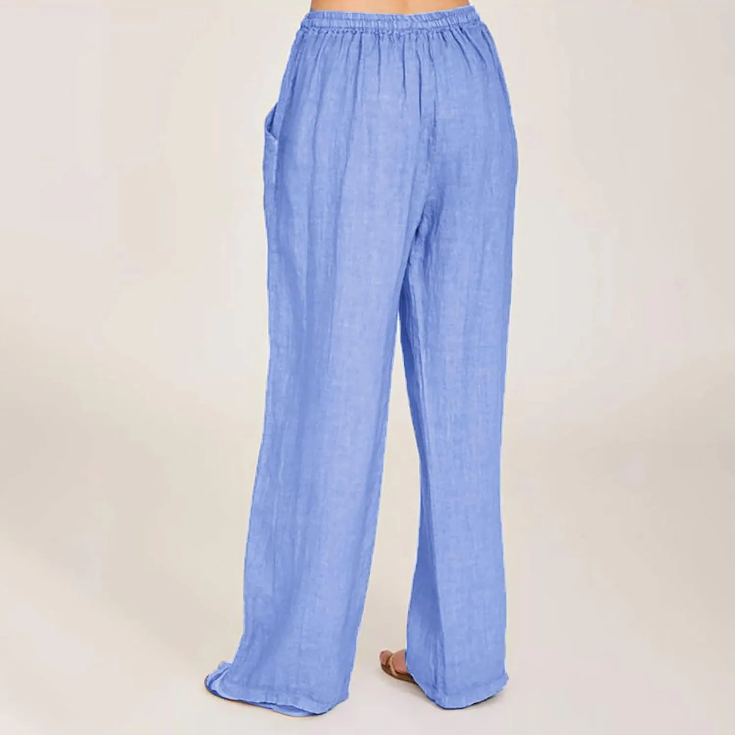 hlysgo Cotton Linen Pants Women High Waist Drawstring Wide Leg Casual Pants 2025 Summer Loose Comfy Beach Pants with Pockets