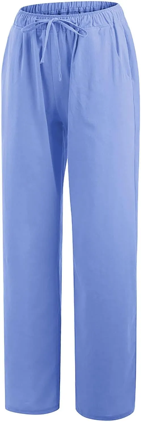 hlysgo Cotton Linen Pants Women High Waist Drawstring Wide Leg Casual Pants 2025 Summer Loose Comfy Beach Pants with Pockets