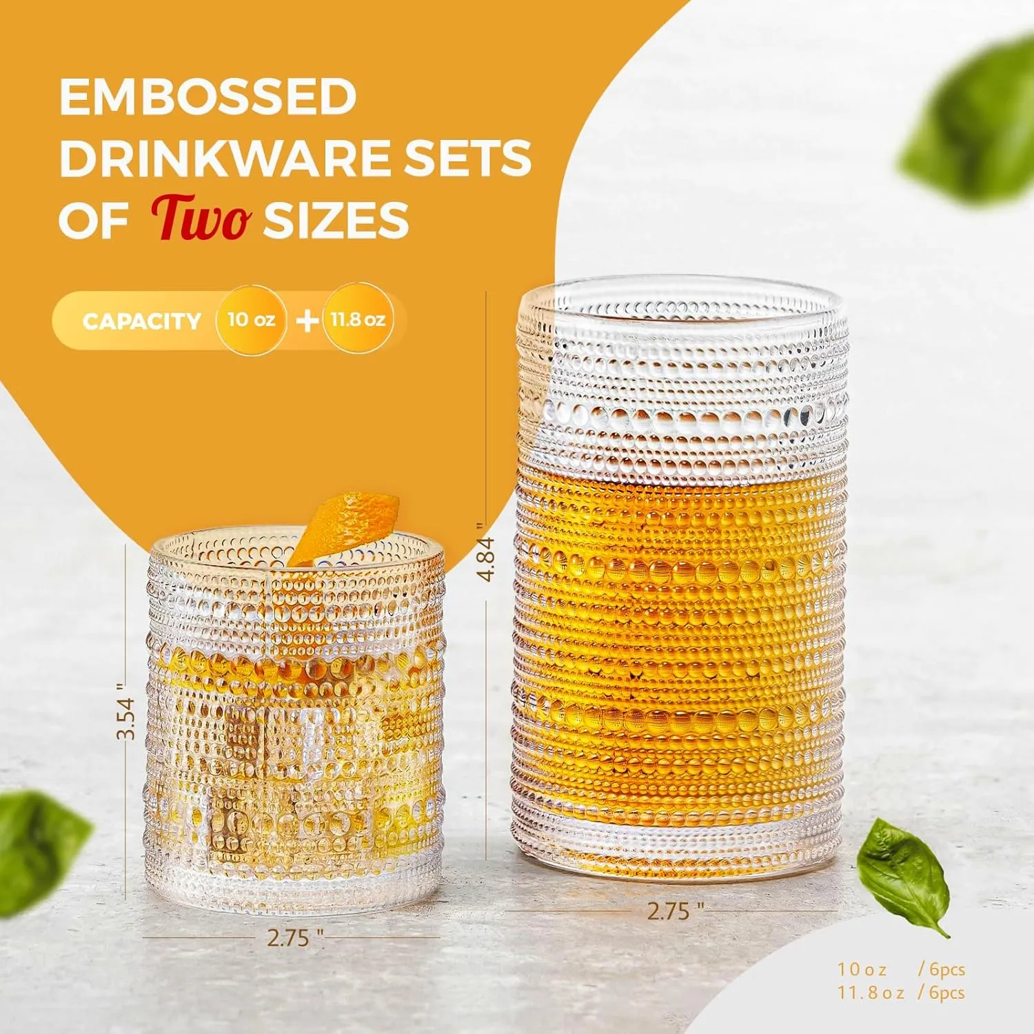 Hobnail Drinking Glasses Set of 12, 11.8 oz Vintage Glasses Drinking Set & 10 oz Cocktail Glasses Set, Embossed Glass Cups for Kitchen, Beer, Juice, Cocktail, Whiskey, Milk