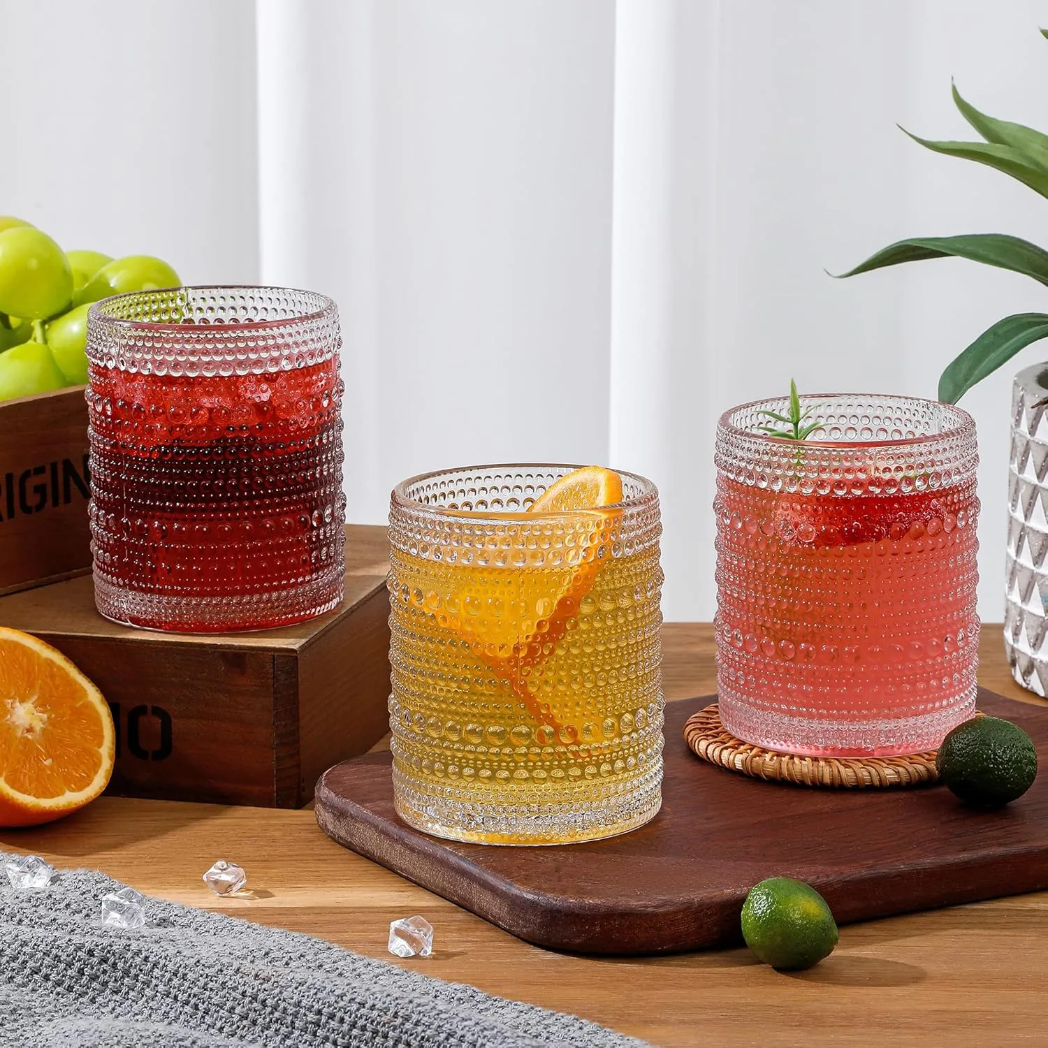 Hobnail Drinking Glasses Set of 6,12 oz Vintage Glassware Set Cocktail Glass Set, Embossed Clear Water Tumbler,for Beer, Whiskey,Juice and Various Mixed Drinks (12oz Clear)