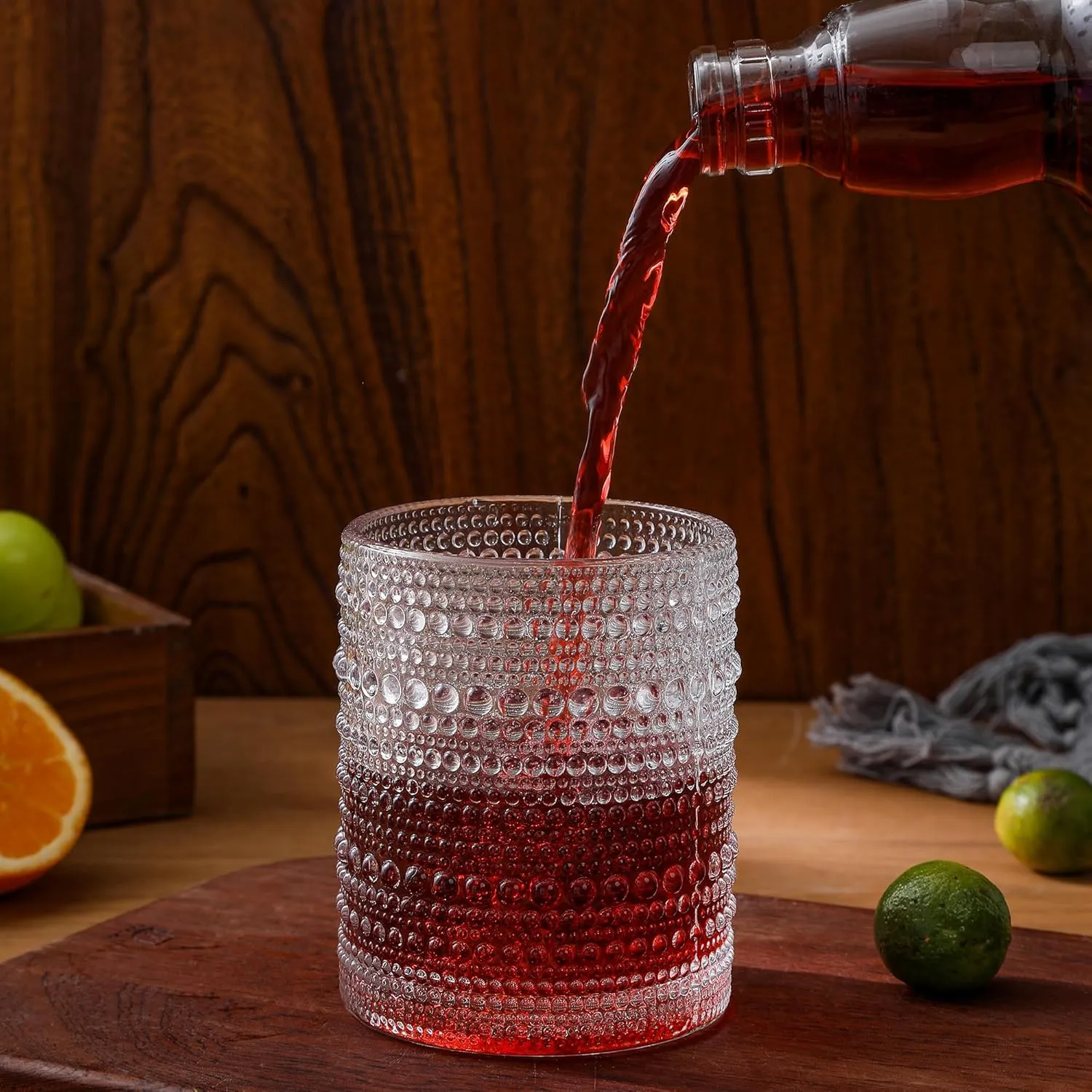 Hobnail Drinking Glasses Set of 6,12 oz Vintage Glassware Set Cocktail Glass Set, Embossed Clear Water Tumbler,for Beer, Whiskey,Juice and Various Mixed Drinks (12oz Clear)