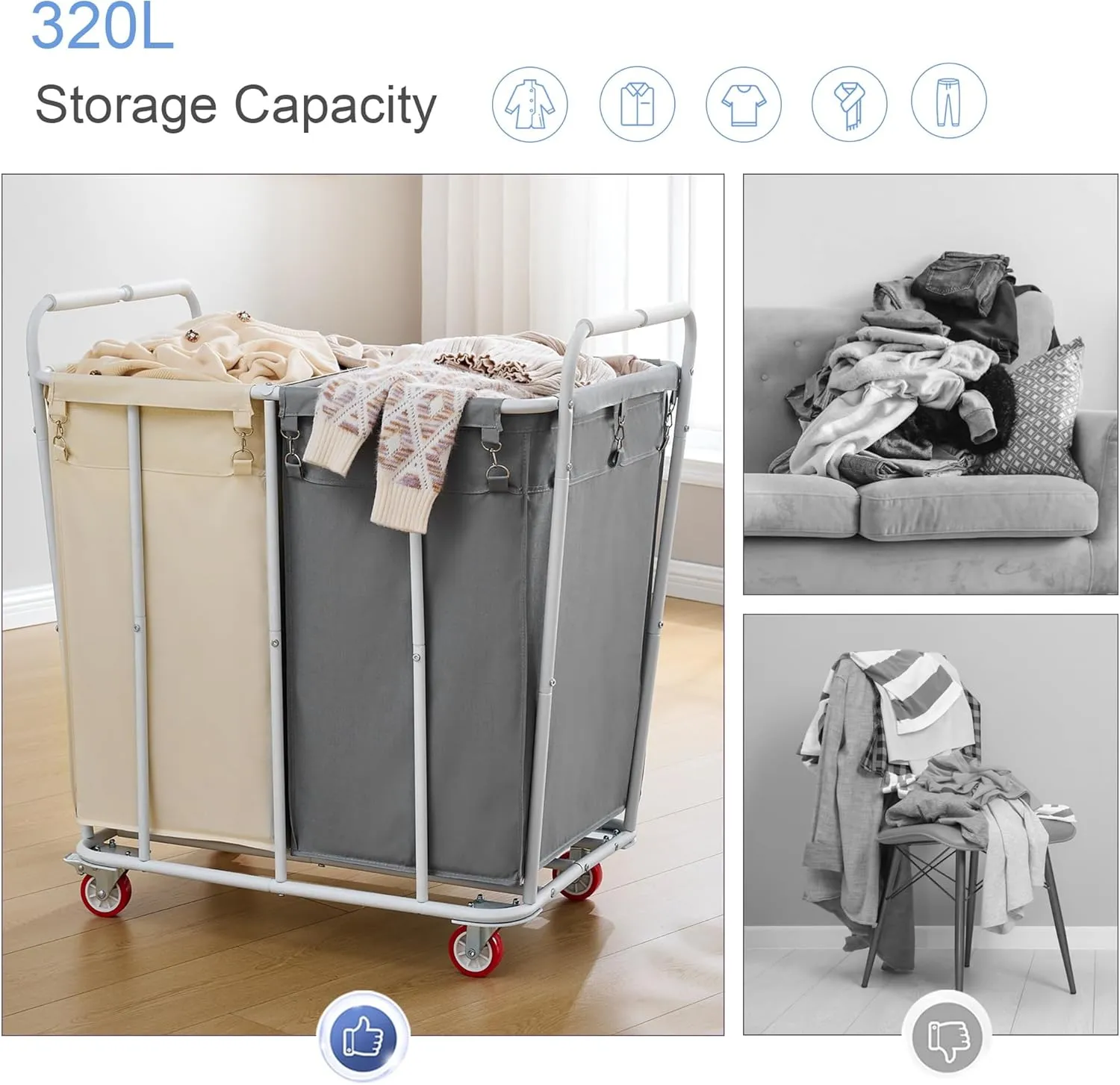 Hoctieon 2 Section Laundry Sorter Cart, 400L Rolling Hamper with Wheels, Industrial Laundry Basket Organizer, Extra Large Dirty Clothes Hamper for Home & Hotel, Heavy Duty, Gray Beige