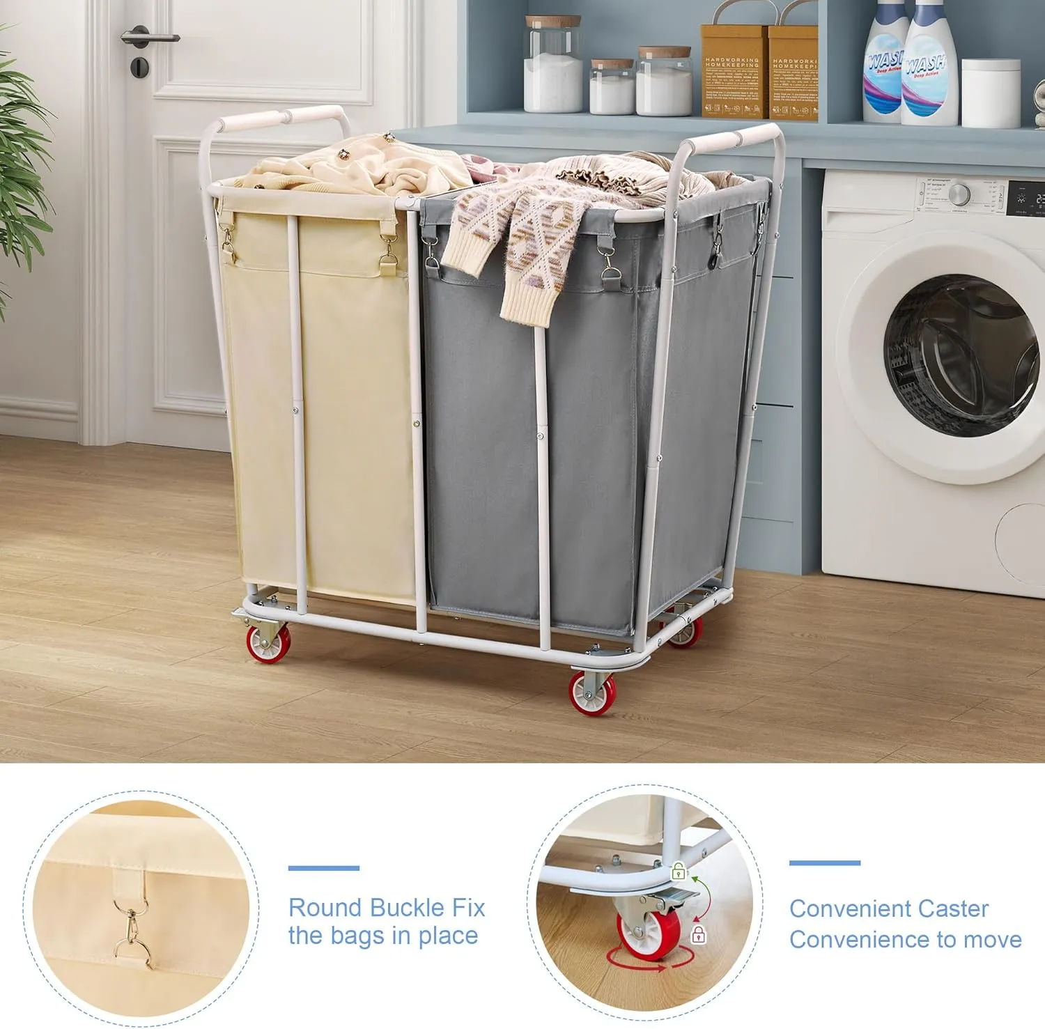 Hoctieon 2 Section Laundry Sorter Cart, 400L Rolling Hamper with Wheels, Industrial Laundry Basket Organizer, Extra Large Dirty Clothes Hamper for Home & Hotel, Heavy Duty, Gray Beige