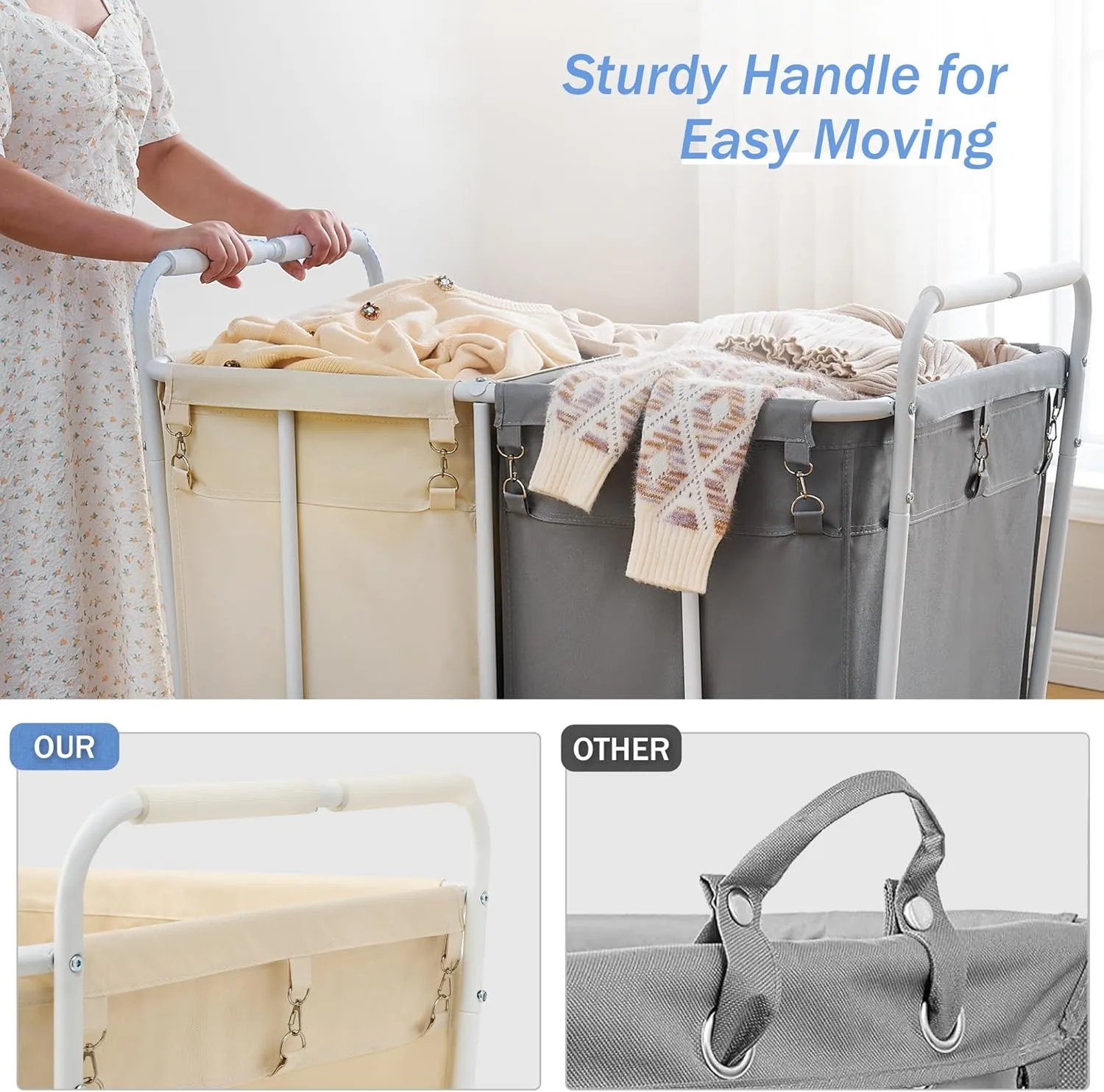 Hoctieon 2 Section Laundry Sorter Cart, 400L Rolling Hamper with Wheels, Industrial Laundry Basket Organizer, Extra Large Dirty Clothes Hamper for Home & Hotel, Heavy Duty, Gray Beige