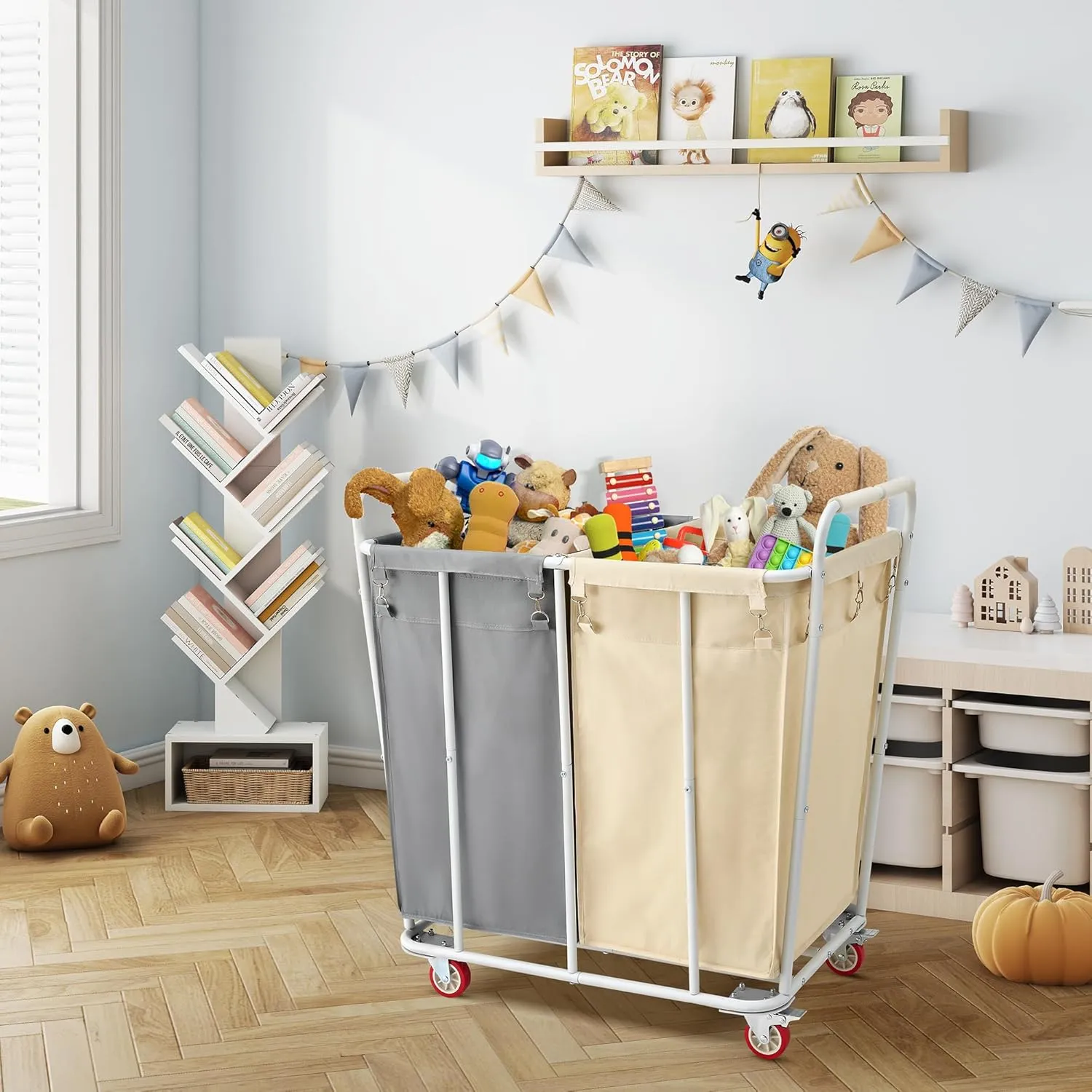 Hoctieon 2 Section Laundry Sorter Cart, 400L Rolling Hamper with Wheels, Industrial Laundry Basket Organizer, Extra Large Dirty Clothes Hamper for Home & Hotel, Heavy Duty, Gray Beige