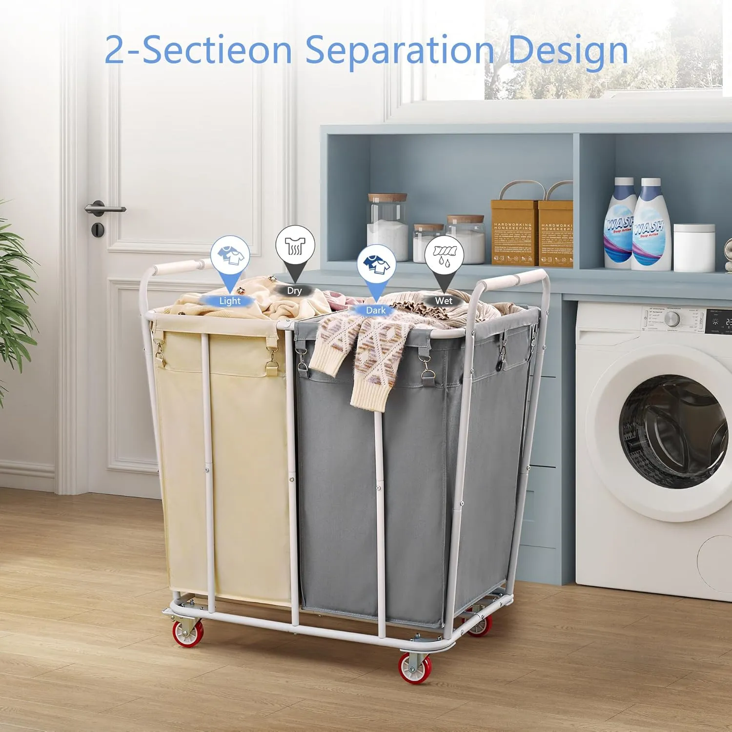 Hoctieon 2 Section Laundry Sorter Cart, 400L Rolling Hamper with Wheels, Industrial Laundry Basket Organizer, Extra Large Dirty Clothes Hamper for Home & Hotel, Heavy Duty, Gray Beige