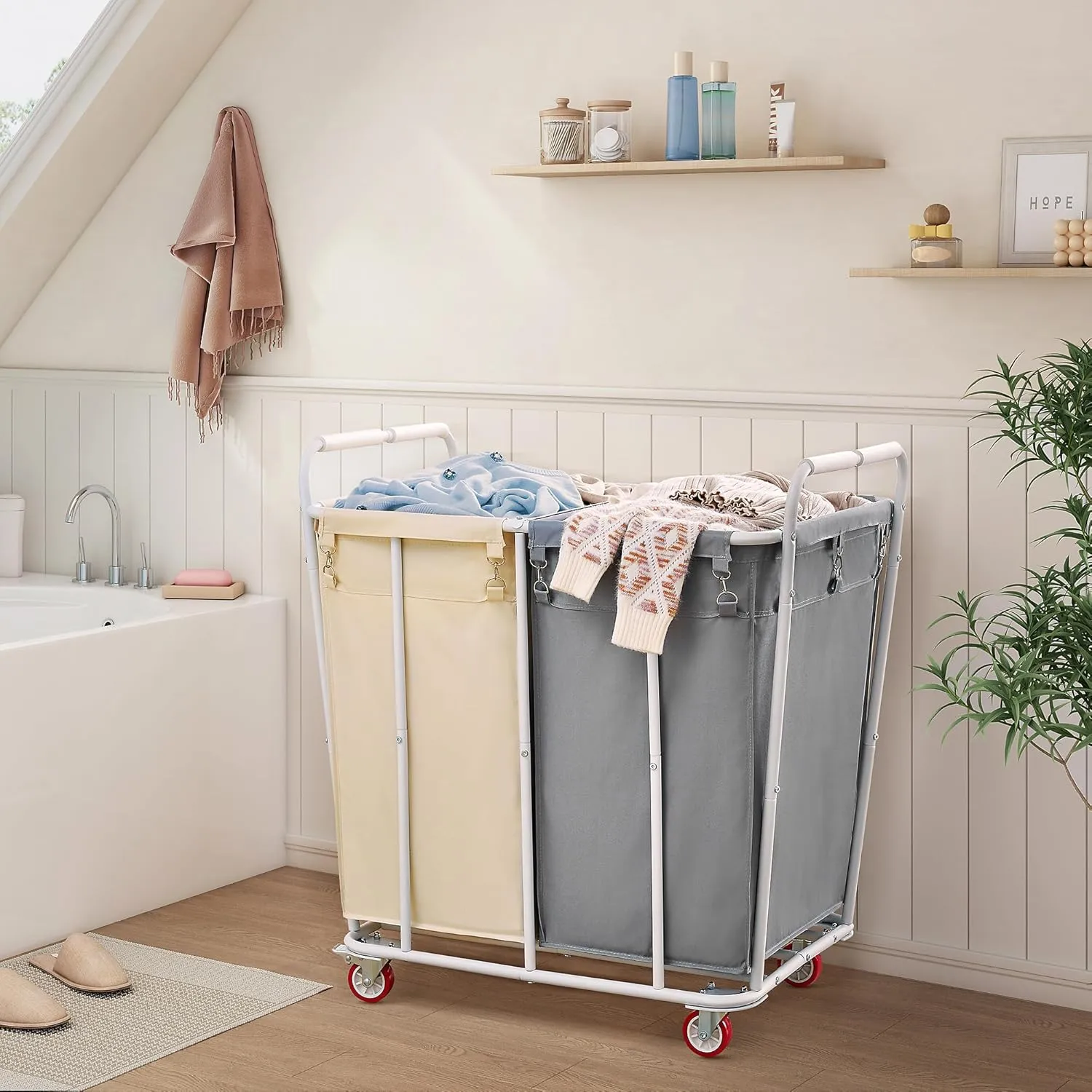Hoctieon 2 Section Laundry Sorter Cart, 400L Rolling Hamper with Wheels, Industrial Laundry Basket Organizer, Extra Large Dirty Clothes Hamper for Home & Hotel, Heavy Duty, Gray Beige