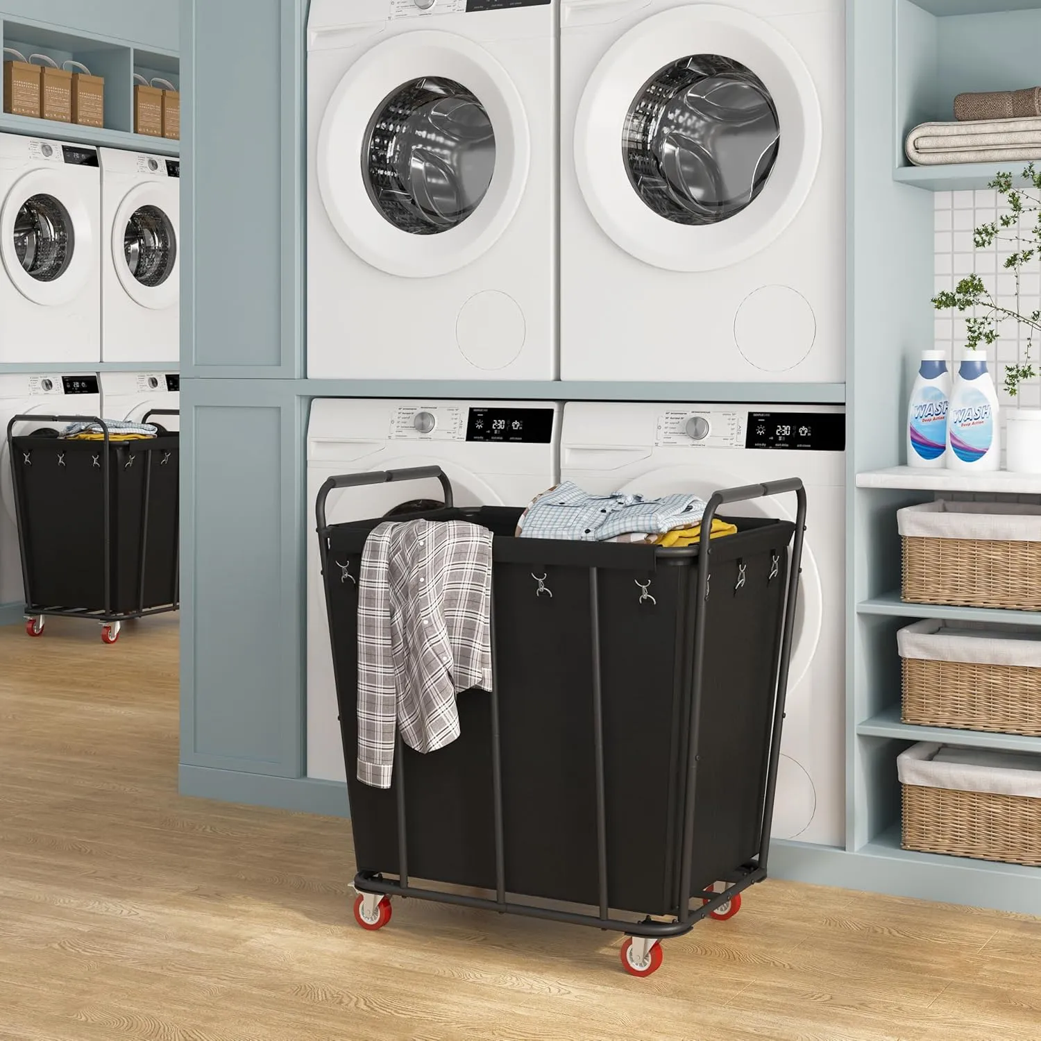 Hoctieon Large Laundry Cart with Wheels, 400L Heavy Duty Laundry Basket Organizer, Rolling Hamper Sorter for Clothes Storage, Industrial Dirty Clothes Hamper for Home & Hotel, Black