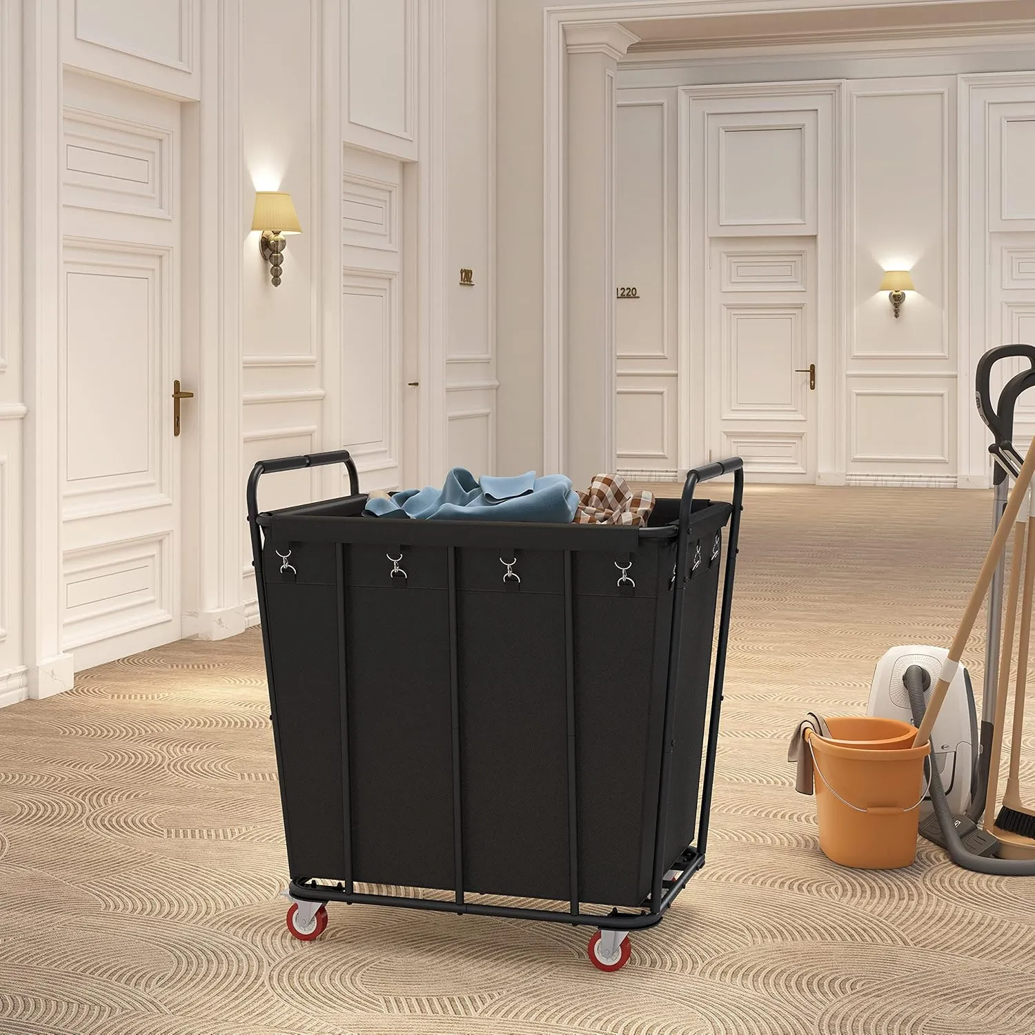 Hoctieon Large Laundry Cart with Wheels, 400L Heavy Duty Laundry Basket Organizer, Rolling Hamper Sorter for Clothes Storage, Industrial Dirty Clothes Hamper for Home & Hotel, Black