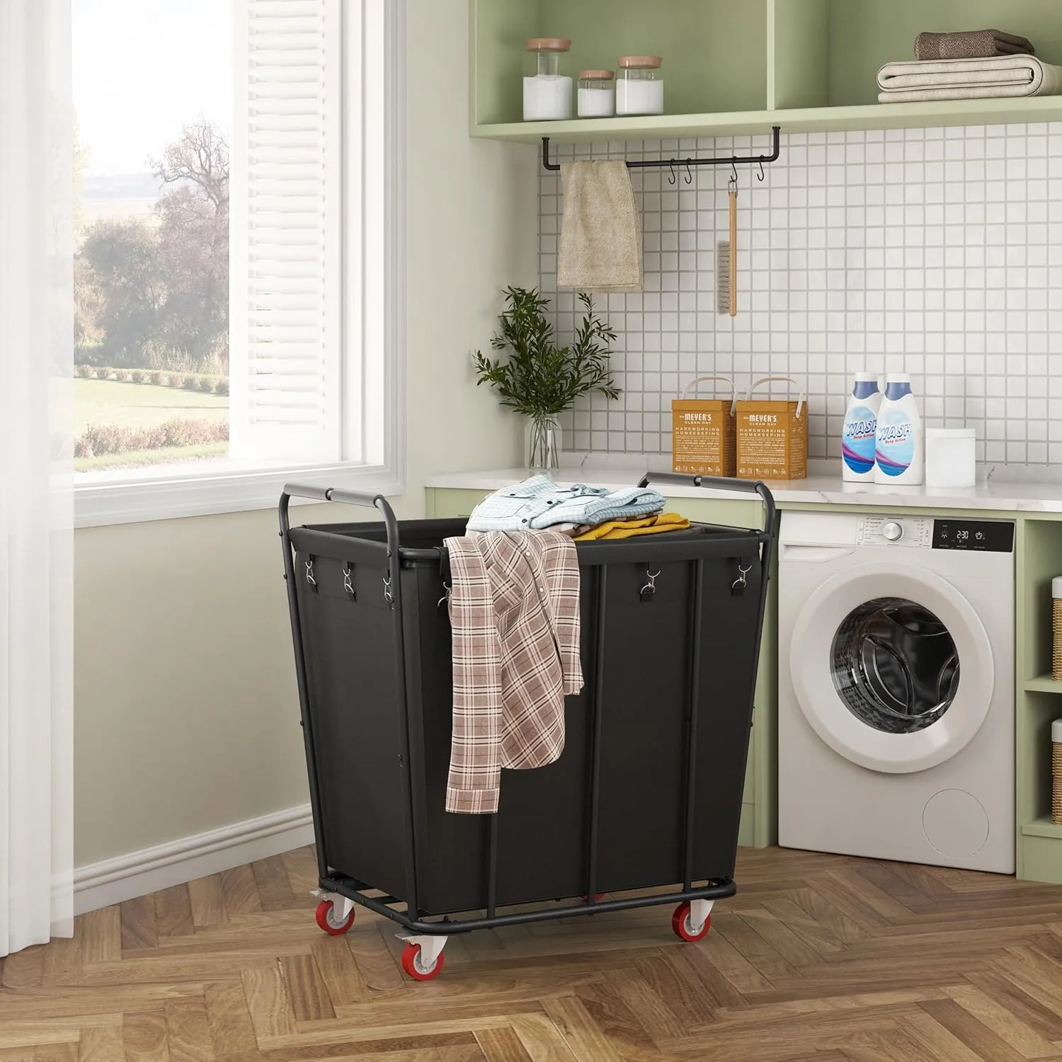Hoctieon Large Laundry Cart with Wheels, 400L Heavy Duty Laundry Basket Organizer, Rolling Hamper Sorter for Clothes Storage, Industrial Dirty Clothes Hamper for Home & Hotel, Black
