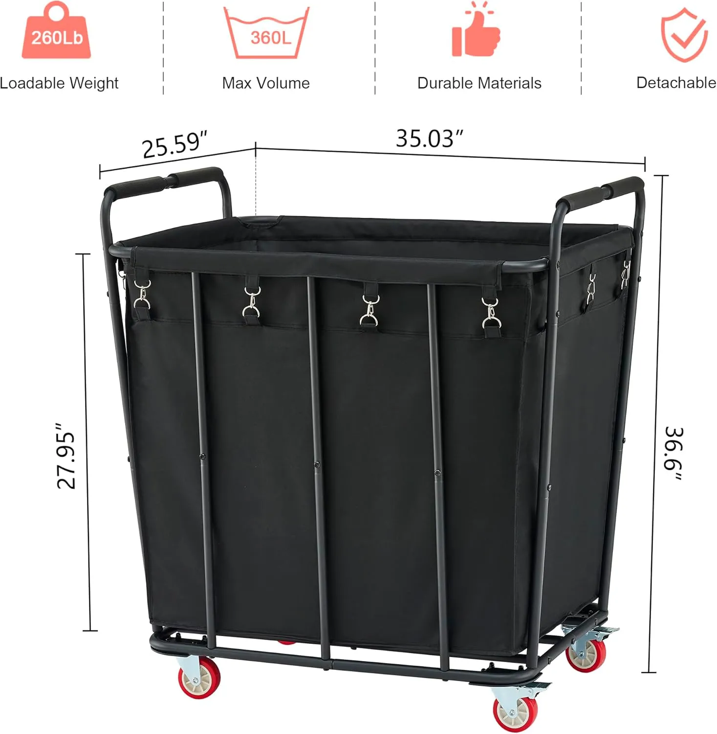 Hoctieon Large Laundry Cart with Wheels, 400L Heavy Duty Laundry Basket Organizer, Rolling Hamper Sorter for Clothes Storage, Industrial Dirty Clothes Hamper for Home & Hotel, Black
