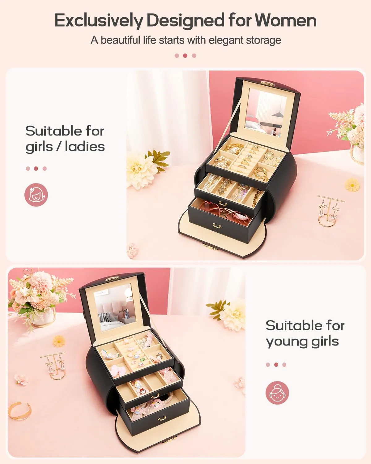 Homde Girls Jewelry Box Jewelry Storage Case Organizer with Mirror for Rings, Earrings, Bracelets, Necklaces (Black   Gold)