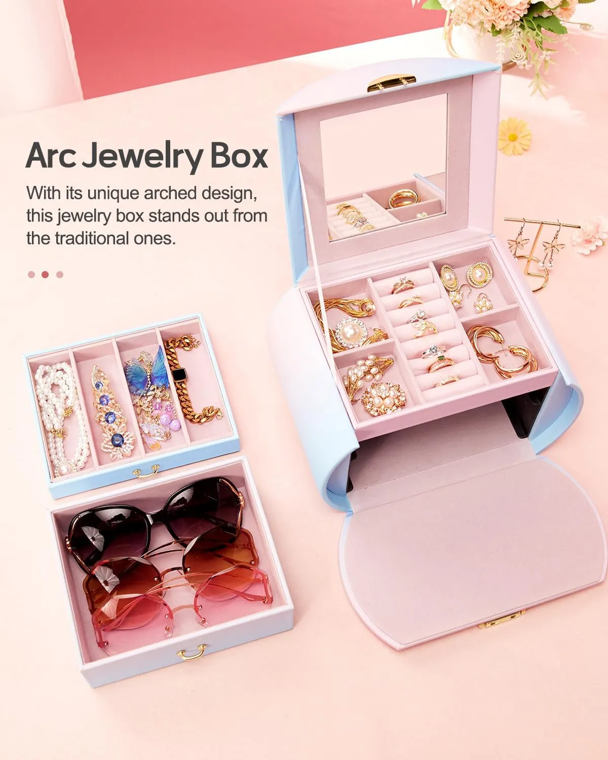 Homde Girls Jewelry Box Jewelry Storage Case Organizer with Mirror for Rings, Earrings, Bracelets, Necklaces (Blue - Pink Gradient   Gold)