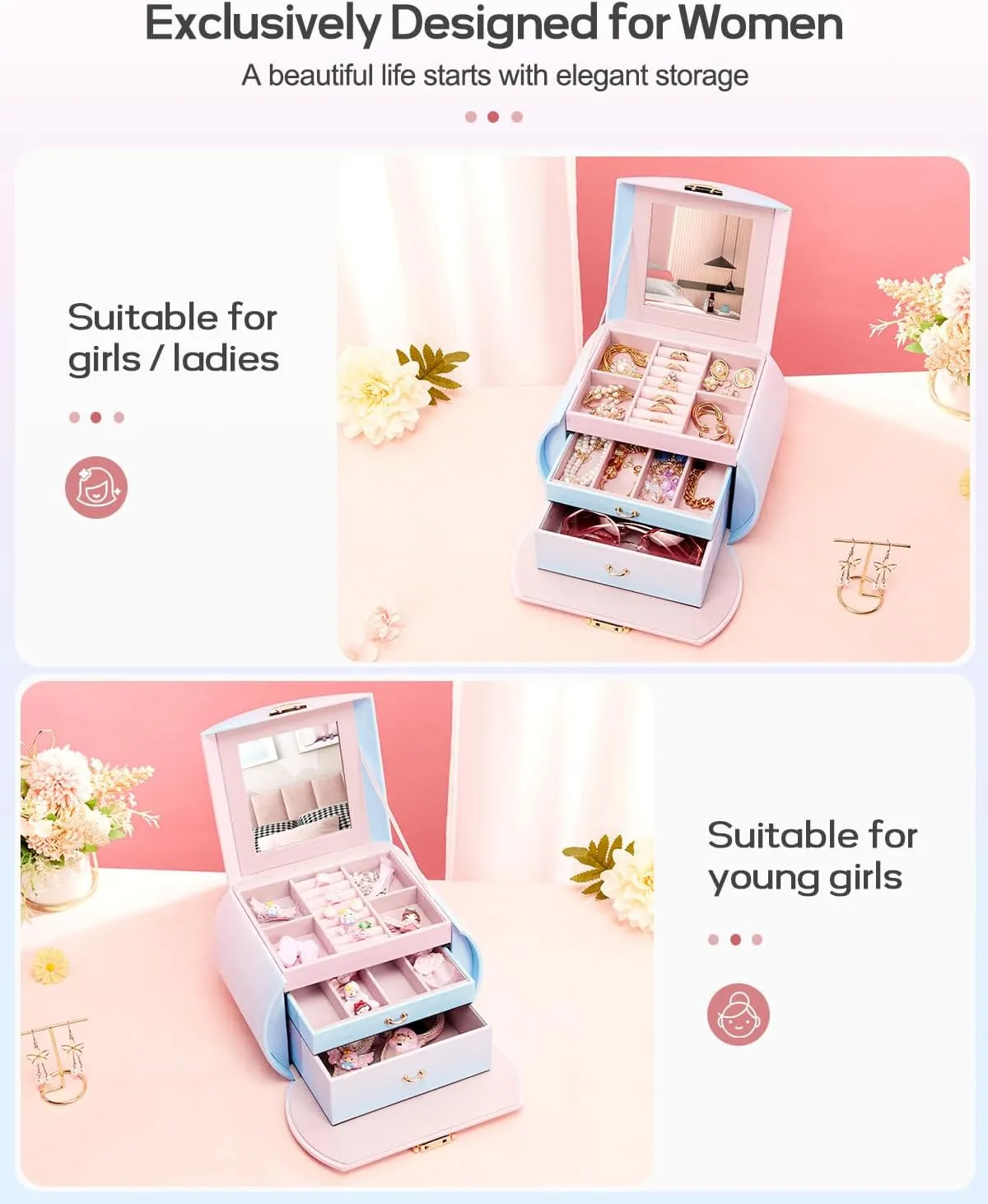 Homde Girls Jewelry Box Jewelry Storage Case Organizer with Mirror for Rings, Earrings, Bracelets, Necklaces (Blue - Pink Gradient   Gold)