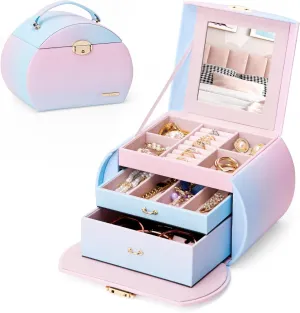 Homde Girls Jewelry Box Jewelry Storage Case Organizer with Mirror for Rings, Earrings, Bracelets, Necklaces (Blue - Pink Gradient   Gold)