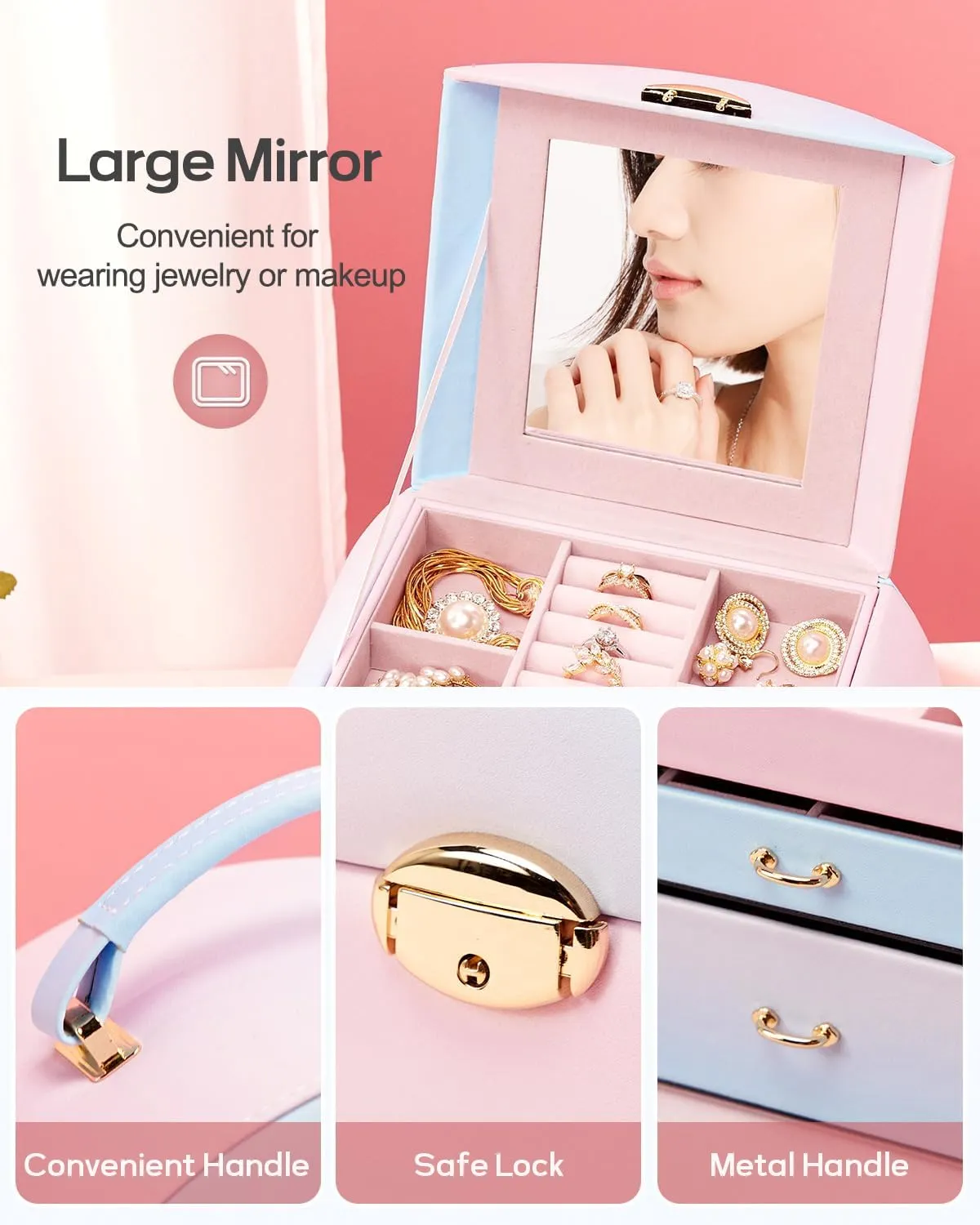 Homde Girls Jewelry Box Jewelry Storage Case Organizer with Mirror for Rings, Earrings, Bracelets, Necklaces (Blue - Pink Gradient   Gold)