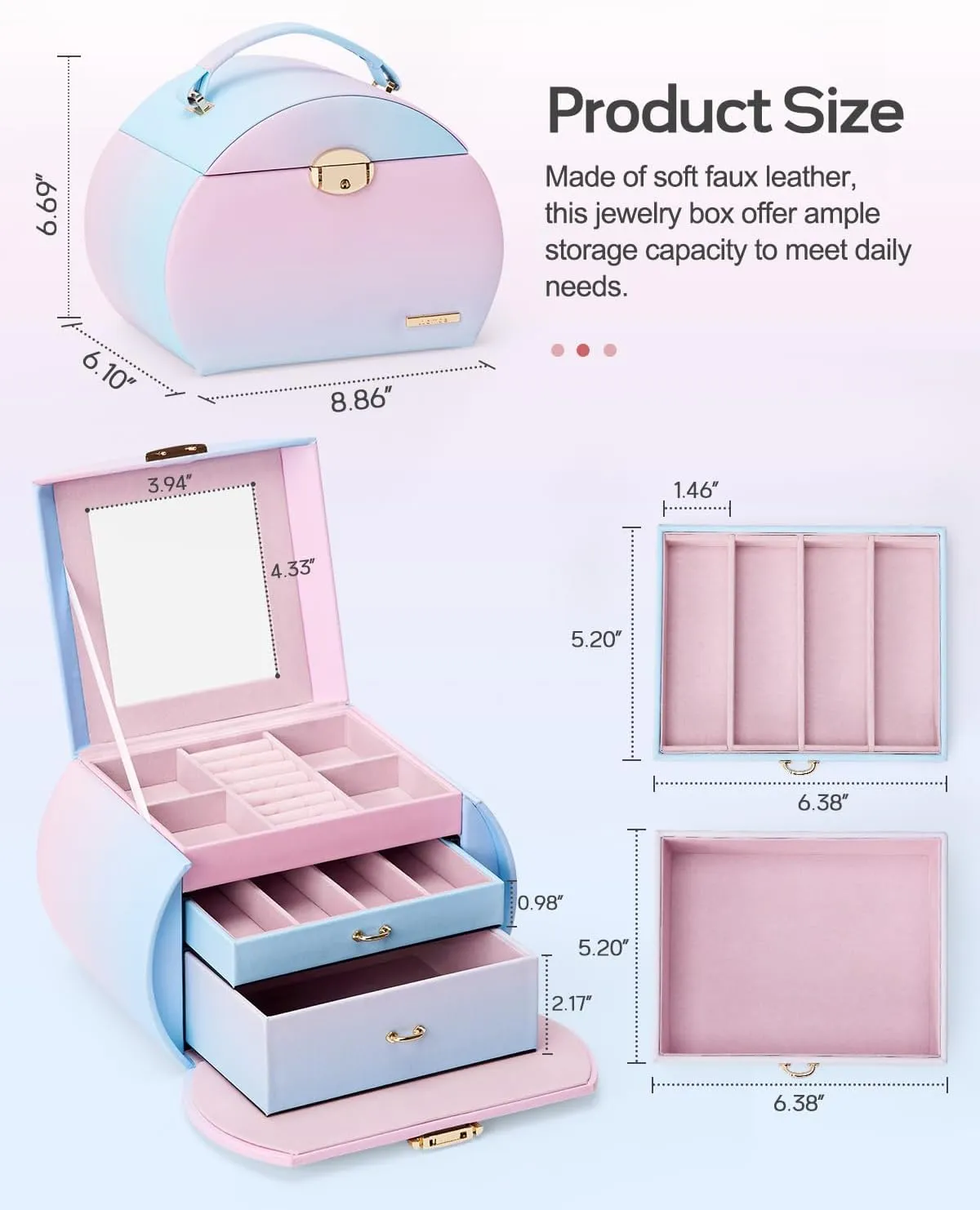 Homde Girls Jewelry Box Jewelry Storage Case Organizer with Mirror for Rings, Earrings, Bracelets, Necklaces (Blue - Pink Gradient   Gold)