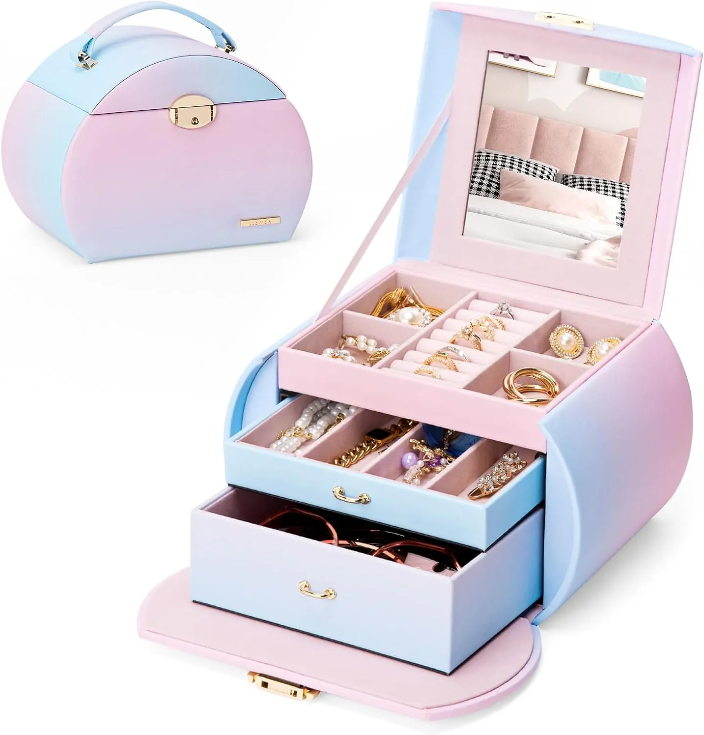 Homde Girls Jewelry Box Jewelry Storage Case Organizer with Mirror for Rings, Earrings, Bracelets, Necklaces (Blue - Pink Gradient   Gold)
